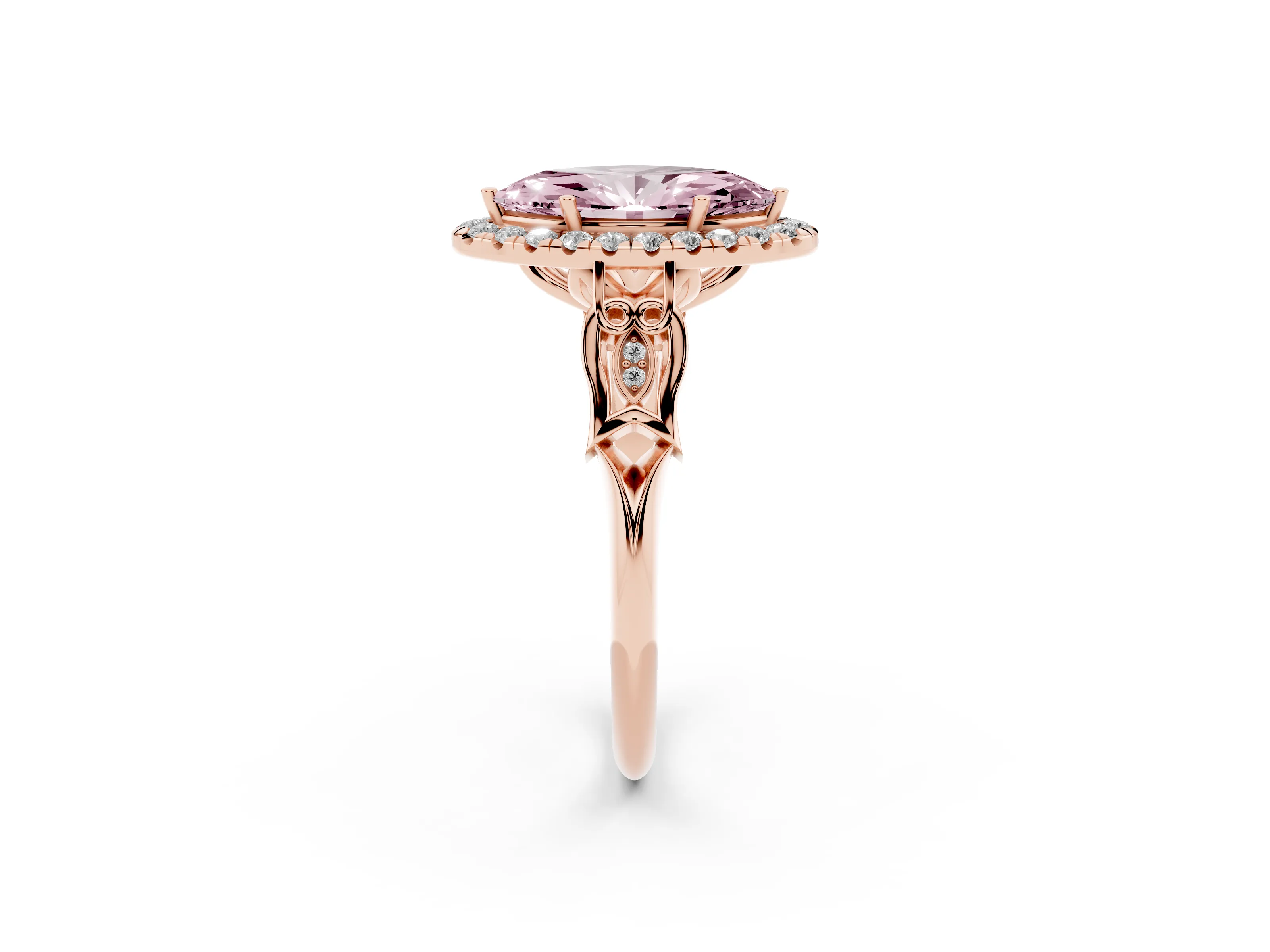 Fancy Pink Marquise Cut Diamond Halo Engagement Ring Set in Rose gold with Filigree Band and Prong-Set Center