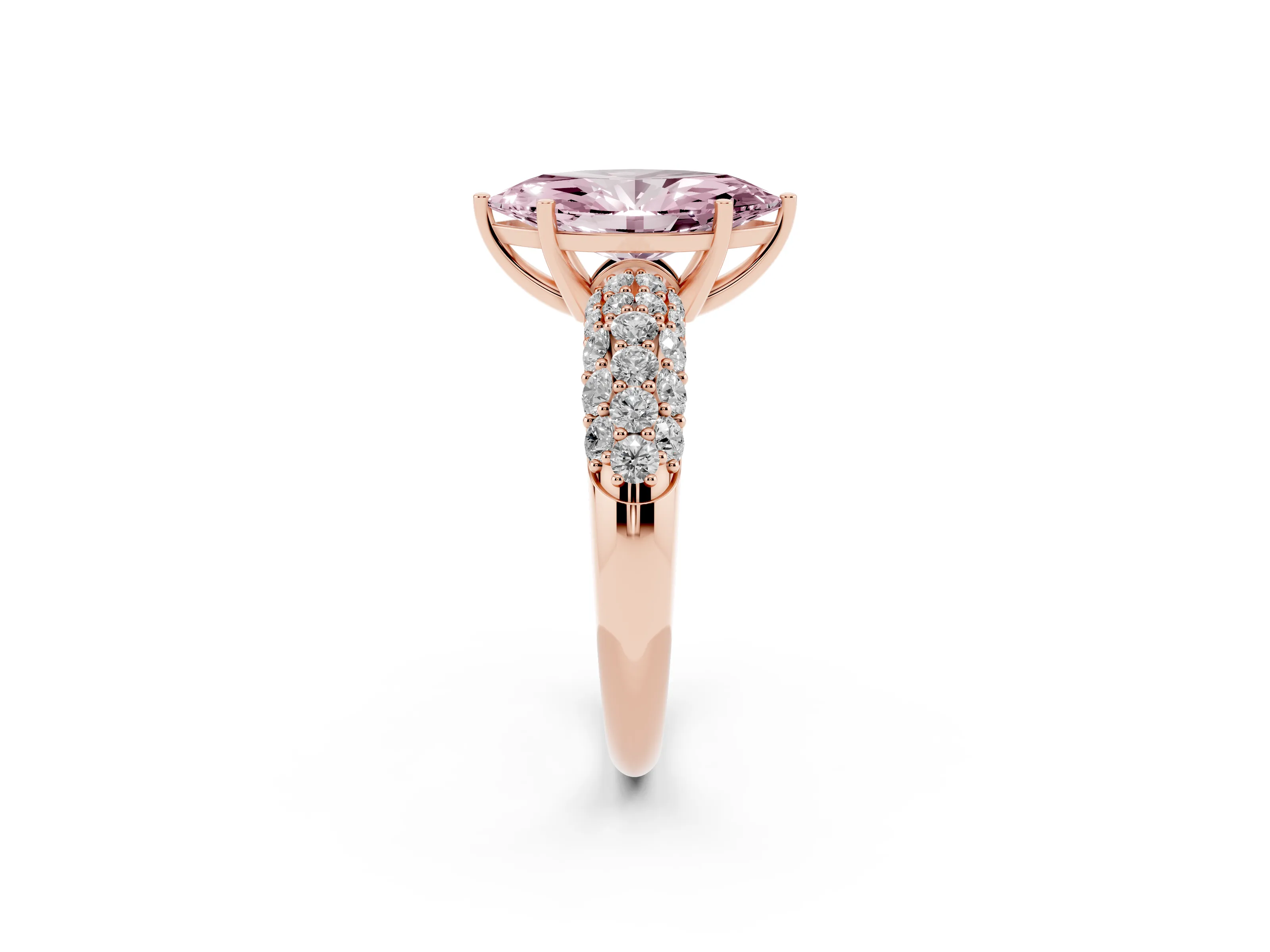 Fancy Pink Marquise Cut Diamond Pavé Band Solitaire Ring Set in Rose gold with Close-Set Accent Stones and Prong Setting