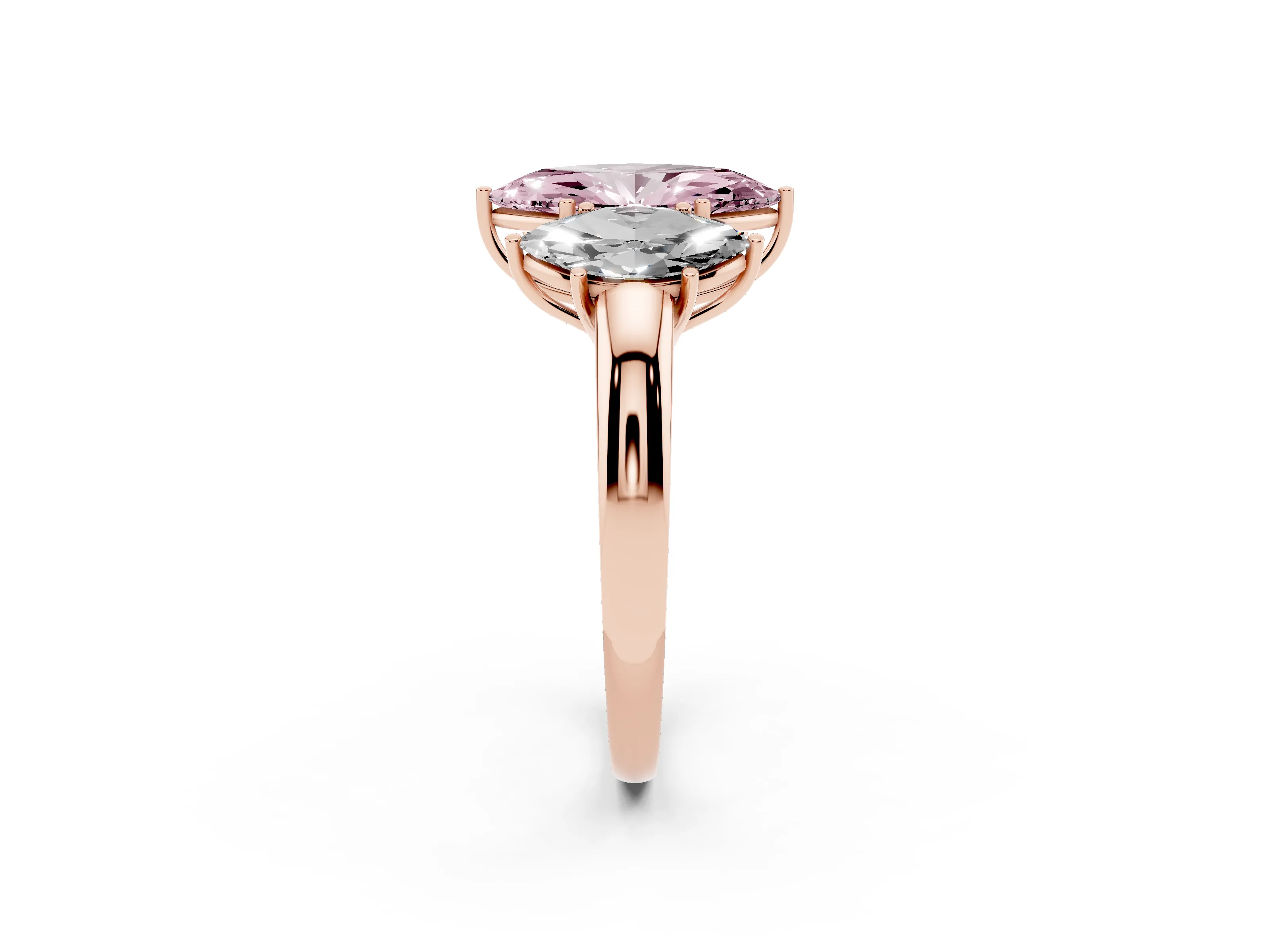 Fancy Pink Marquise Cut Diamond Three-Stone Ring Set in Rose gold with Bold Center and Classic Band