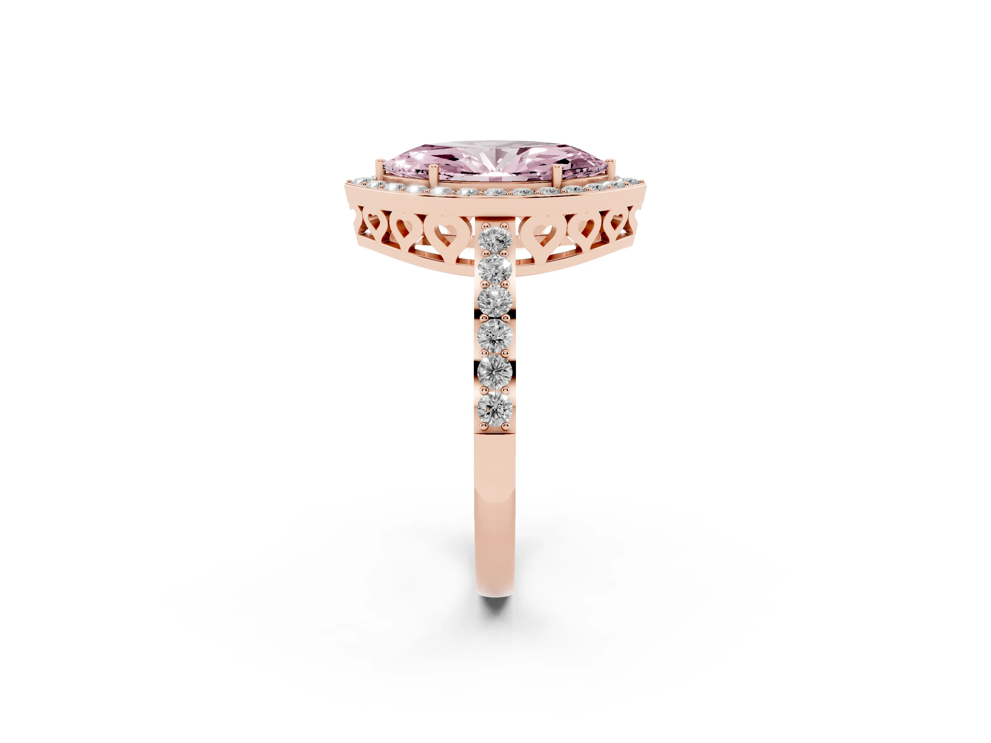 Fancy Pink Marquise Cut Diamond Halo Ring Set in Rose gold with Pavé-Setting Band and Open Prong Center