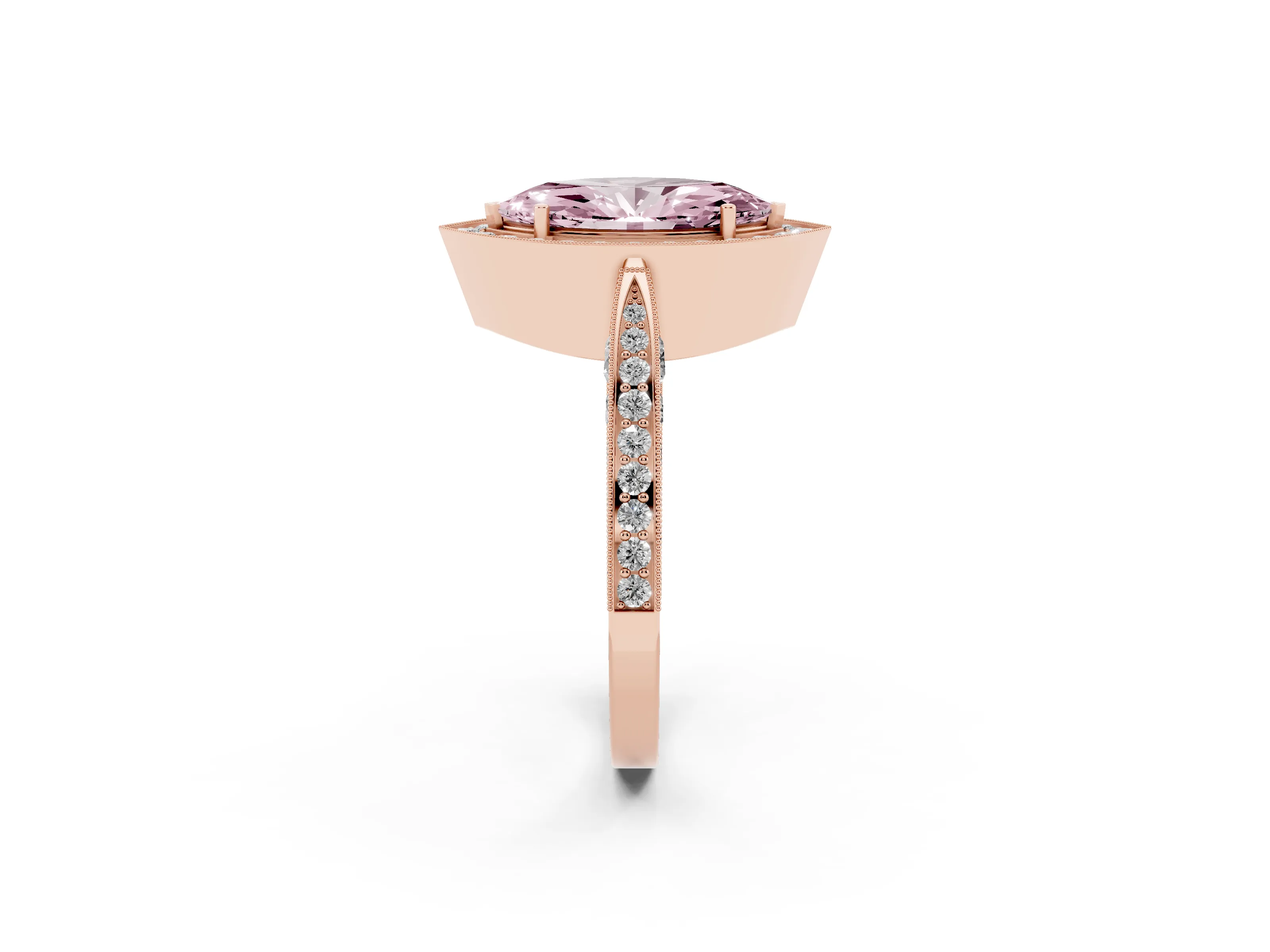 Fancy Pink Marquise Cut Diamond Halo Engagement Ring Set in Rose gold with Accent Split Shank Band