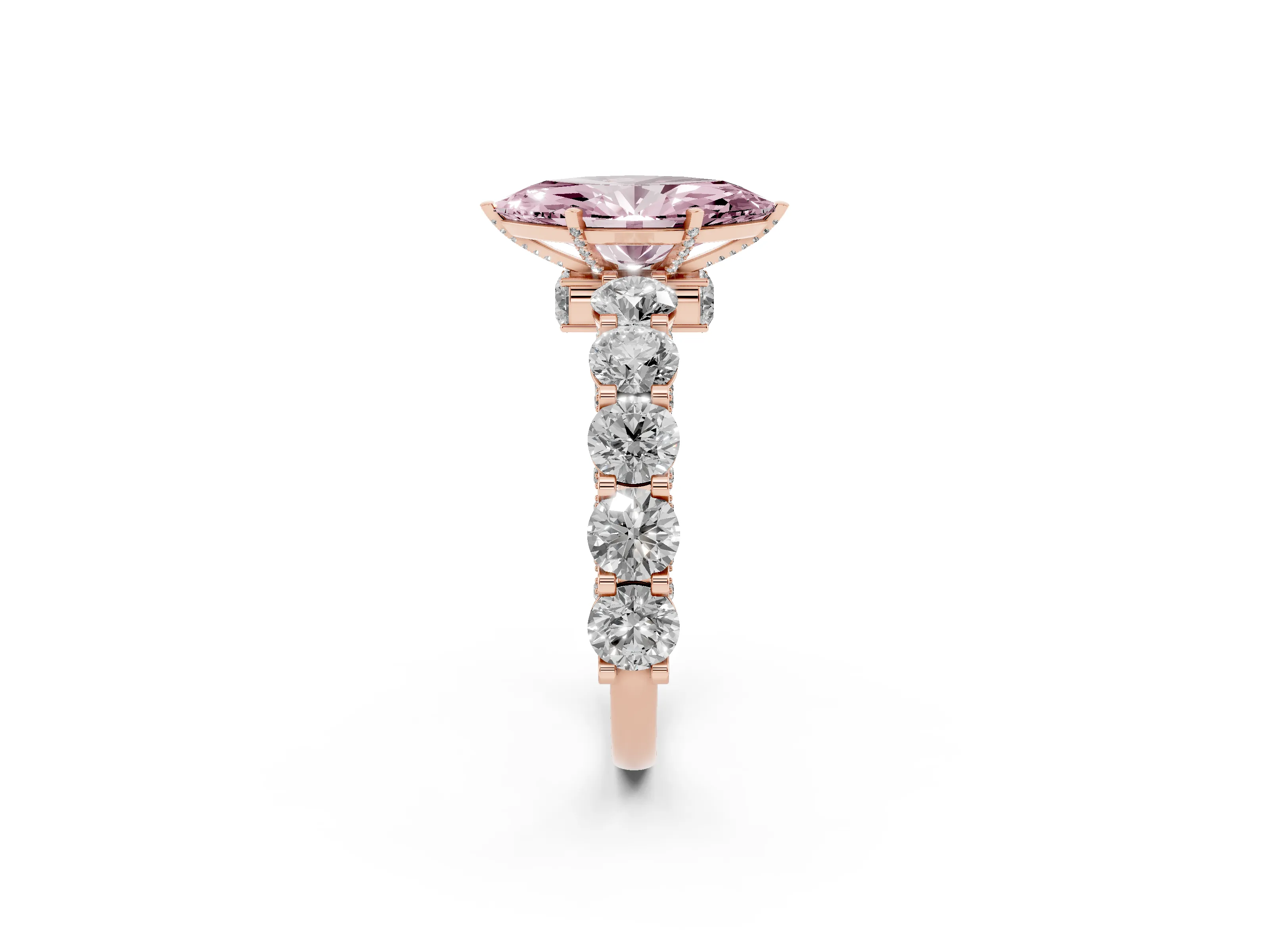 Fancy Pink Marquise Cut Diamond Side Stone Ring Set in Rose gold with Alternating Round and Oval Side Stones