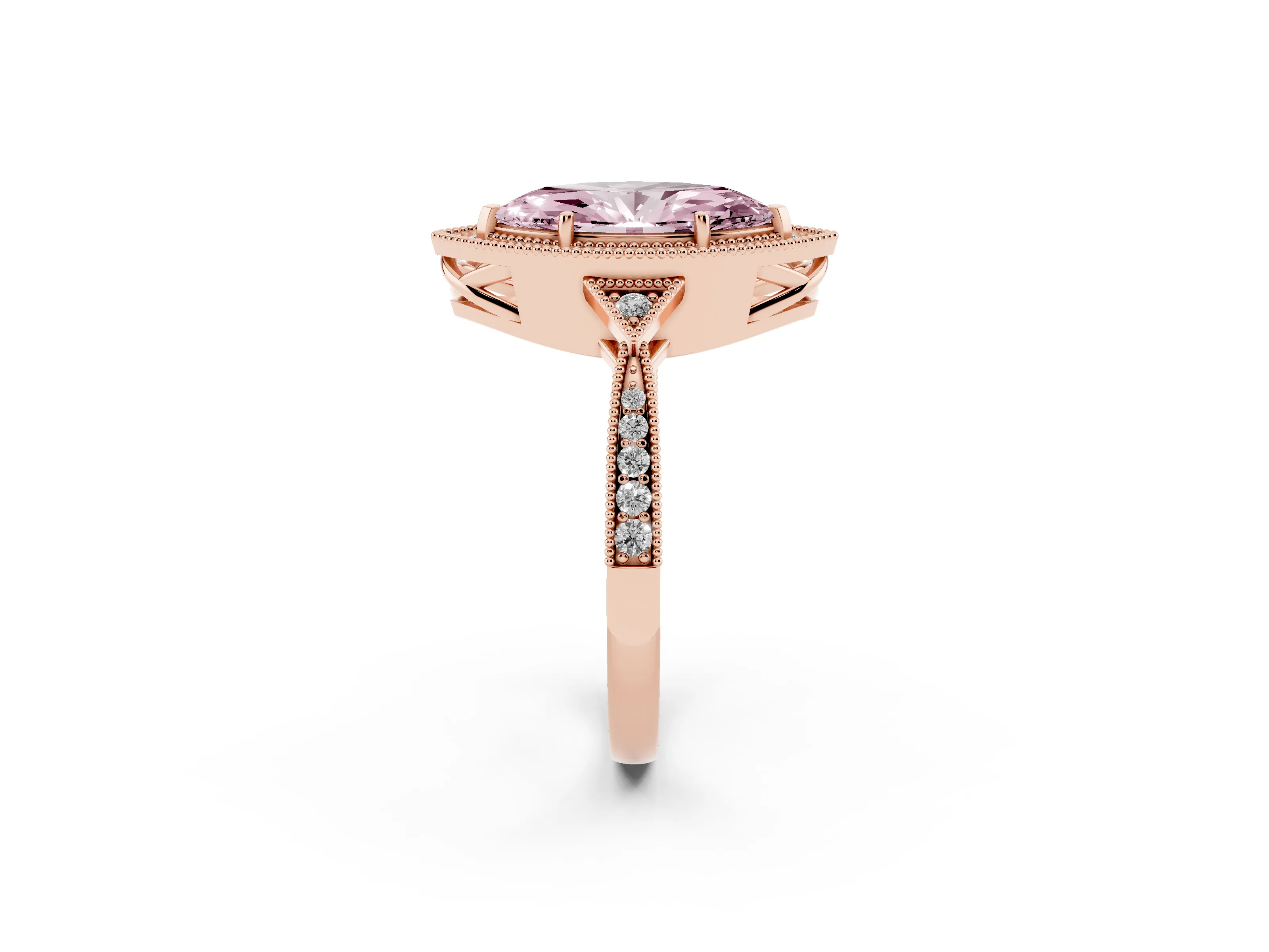Fancy Pink Marquise Cut Diamond Halo Engagement Ring Set in Rose gold with Milgrain Pavé Band