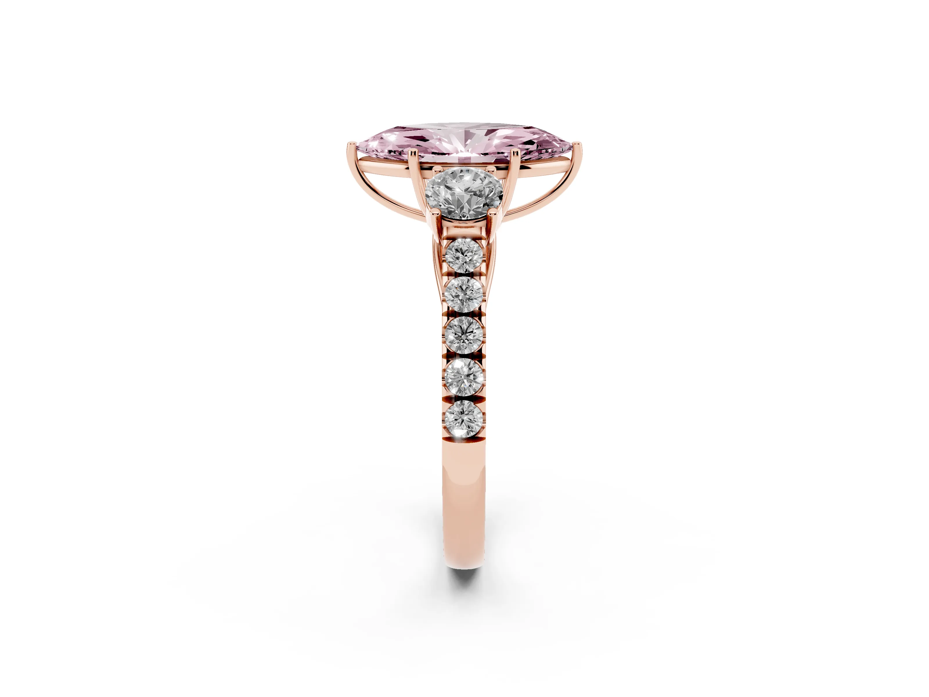 Fancy Pink Marquise Cut Diamond Three-Stone Ring Set in Rose gold with Round Side Stones and Delicate Pavé Band