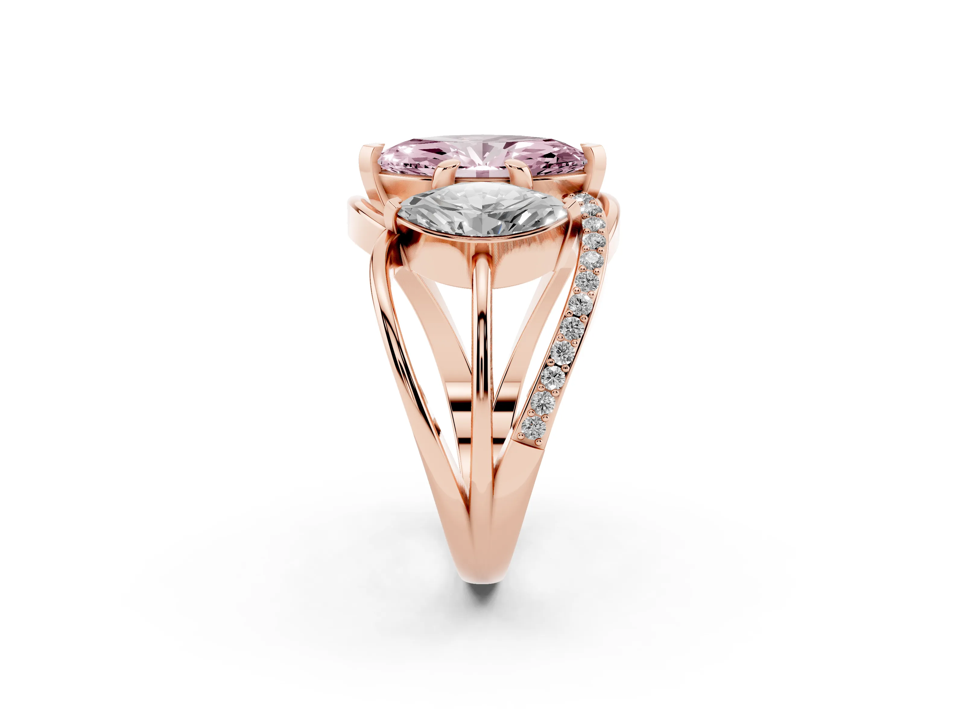 Fancy Pink Marquise Cut Diamond Three-Stone Ring Set in Rose gold with Split Shank and Prong Setting