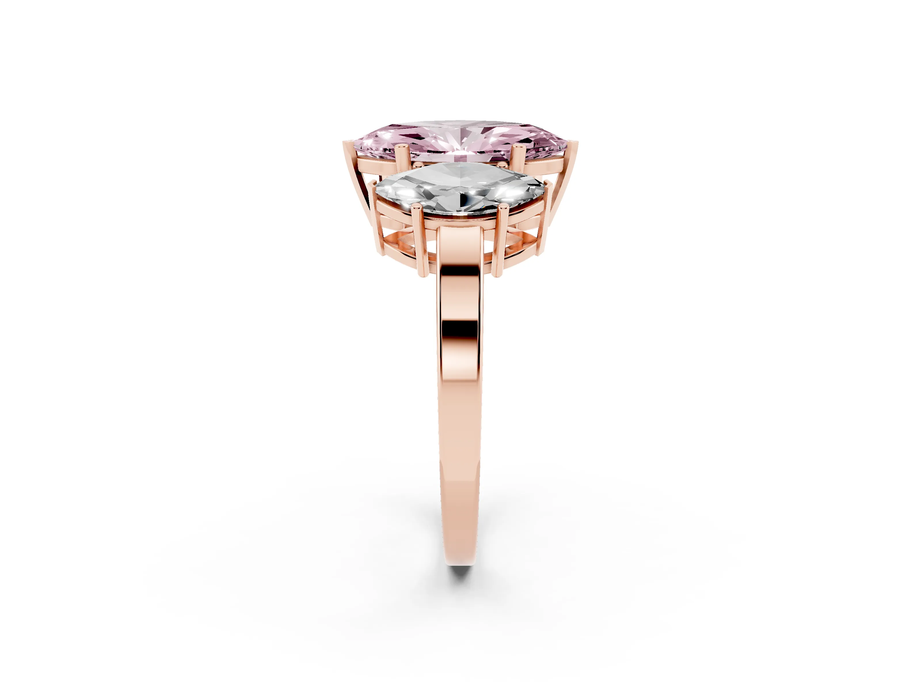 Fancy Pink Marquise Cut Diamond Three-Stone Engagement Ring Set in Rose gold with Flat Band