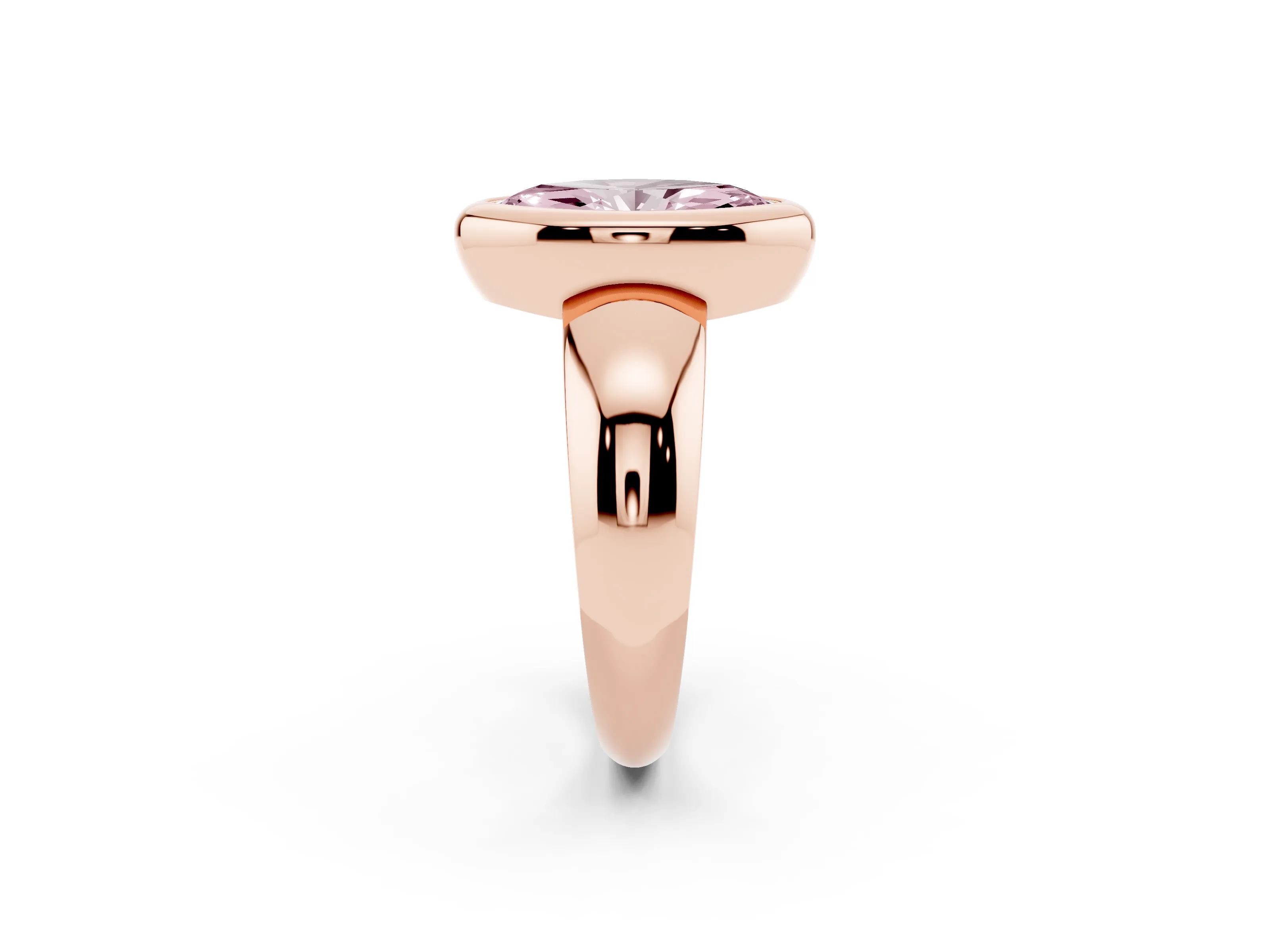 Fancy Pink Bezel Set Marquise Cut Diamond Solitaire Ring Set in Rose gold with Wide Band