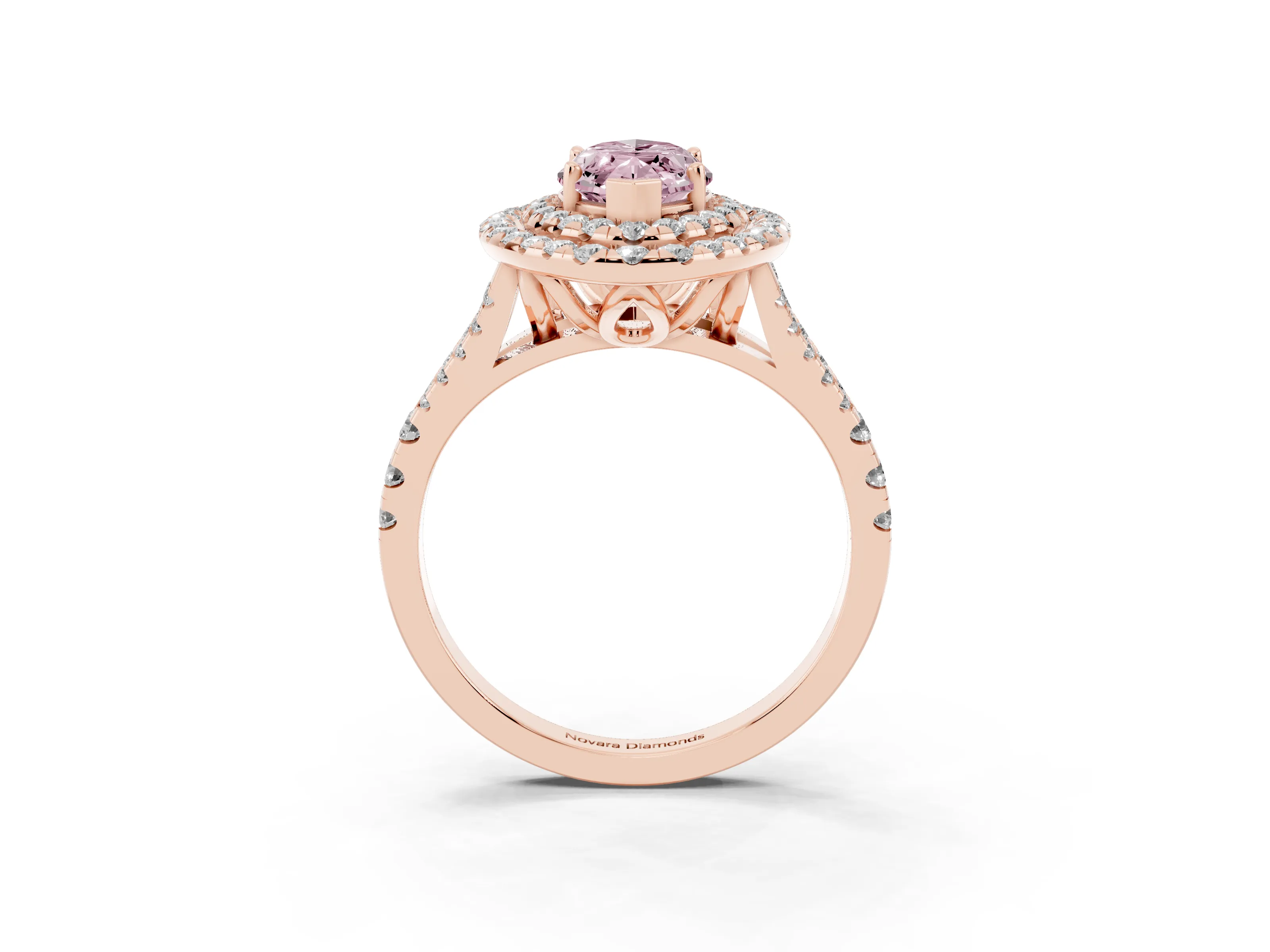 Fancy Pink Marquise Cut Diamond Double Halo Ring Set in Rose gold with Pavé Split Shank and Prong Setting