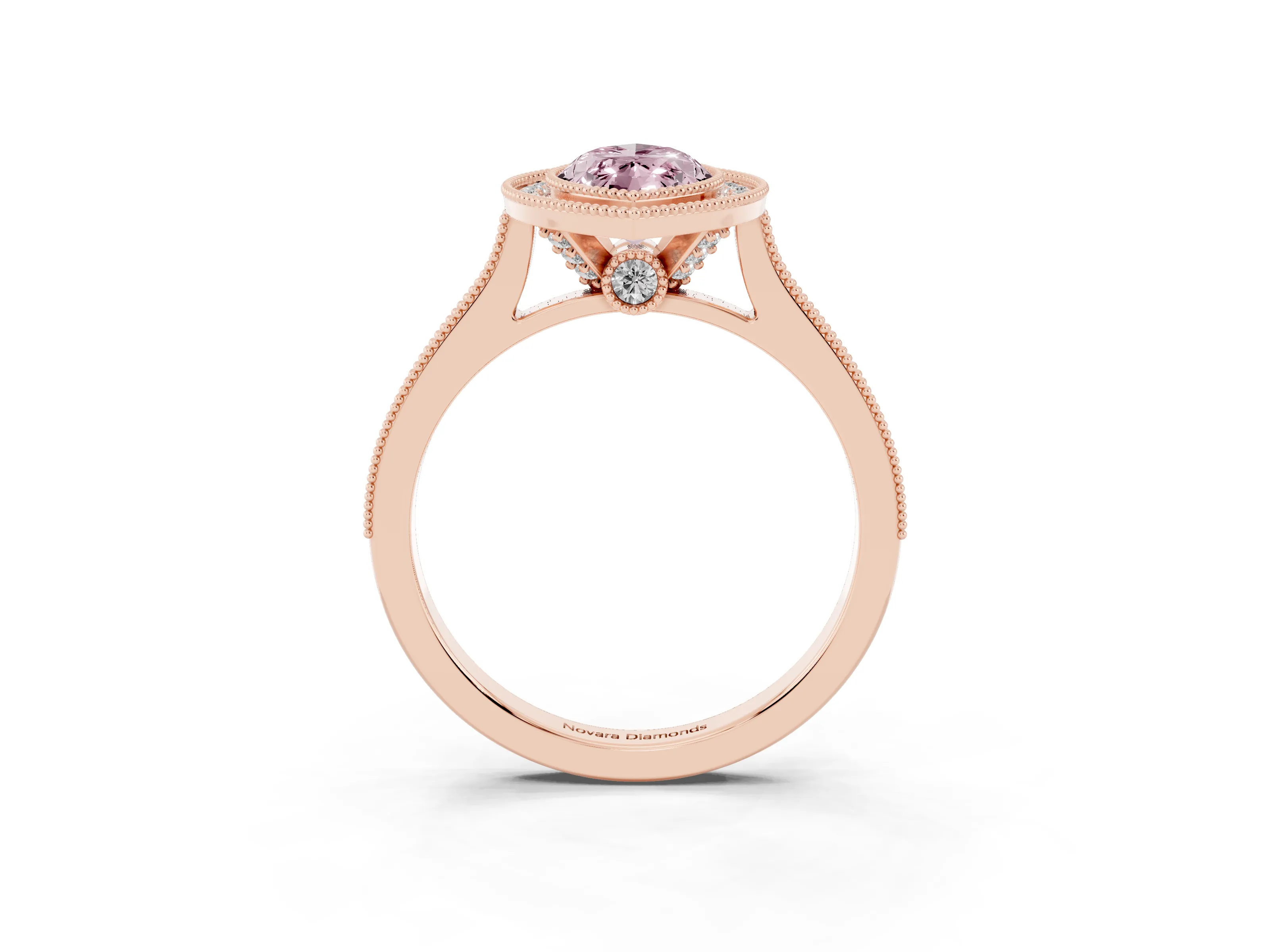 Fancy Pink Marquise Cut Diamond Halo Milgrain Pavé Band Ring Set in Rose gold with Prong Setting