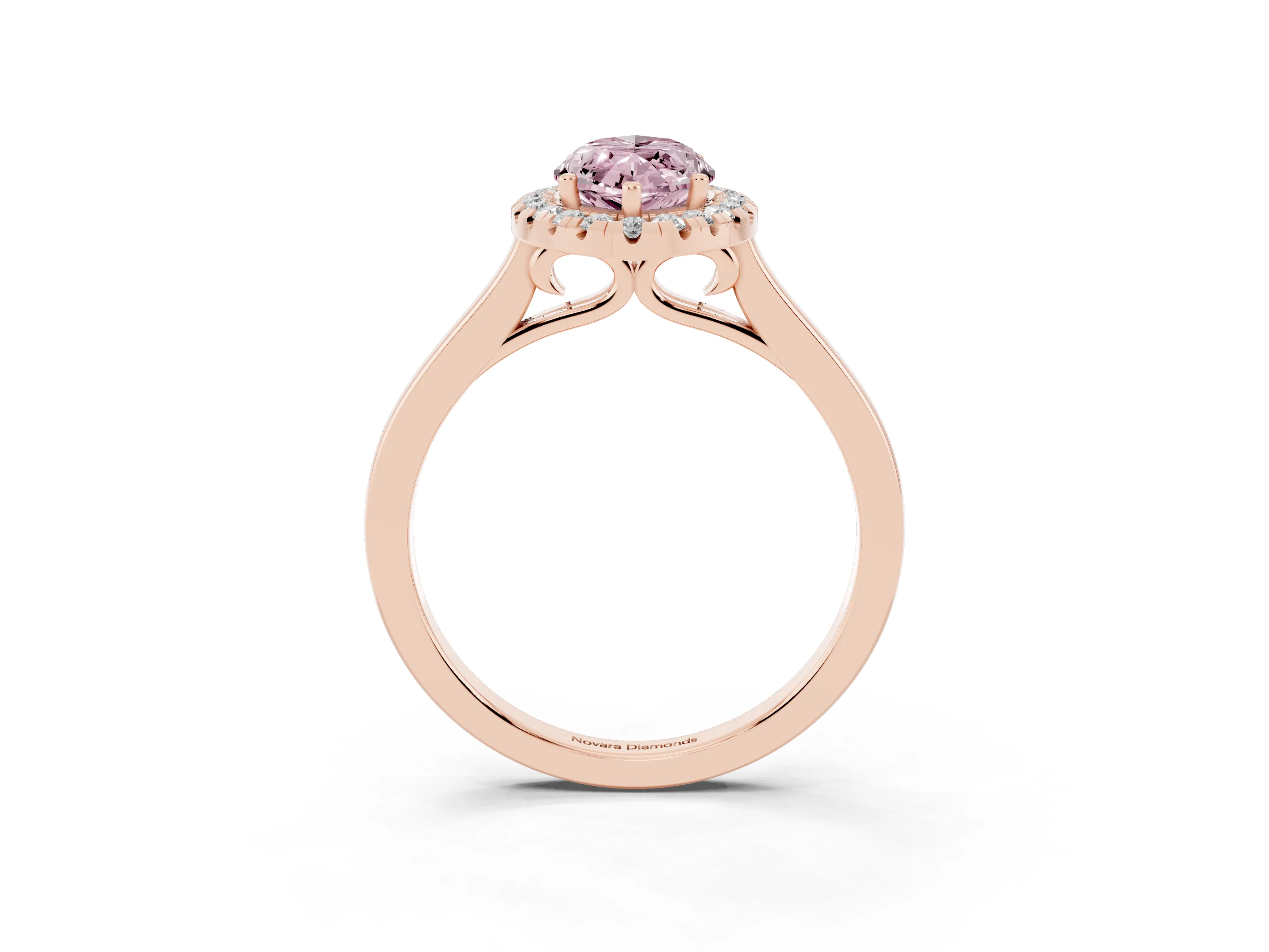 Fancy Pink Marquise Cut Halo Round Diamond Solitaire Ring Set in Rose gold with Pavé Band and Prong Setting