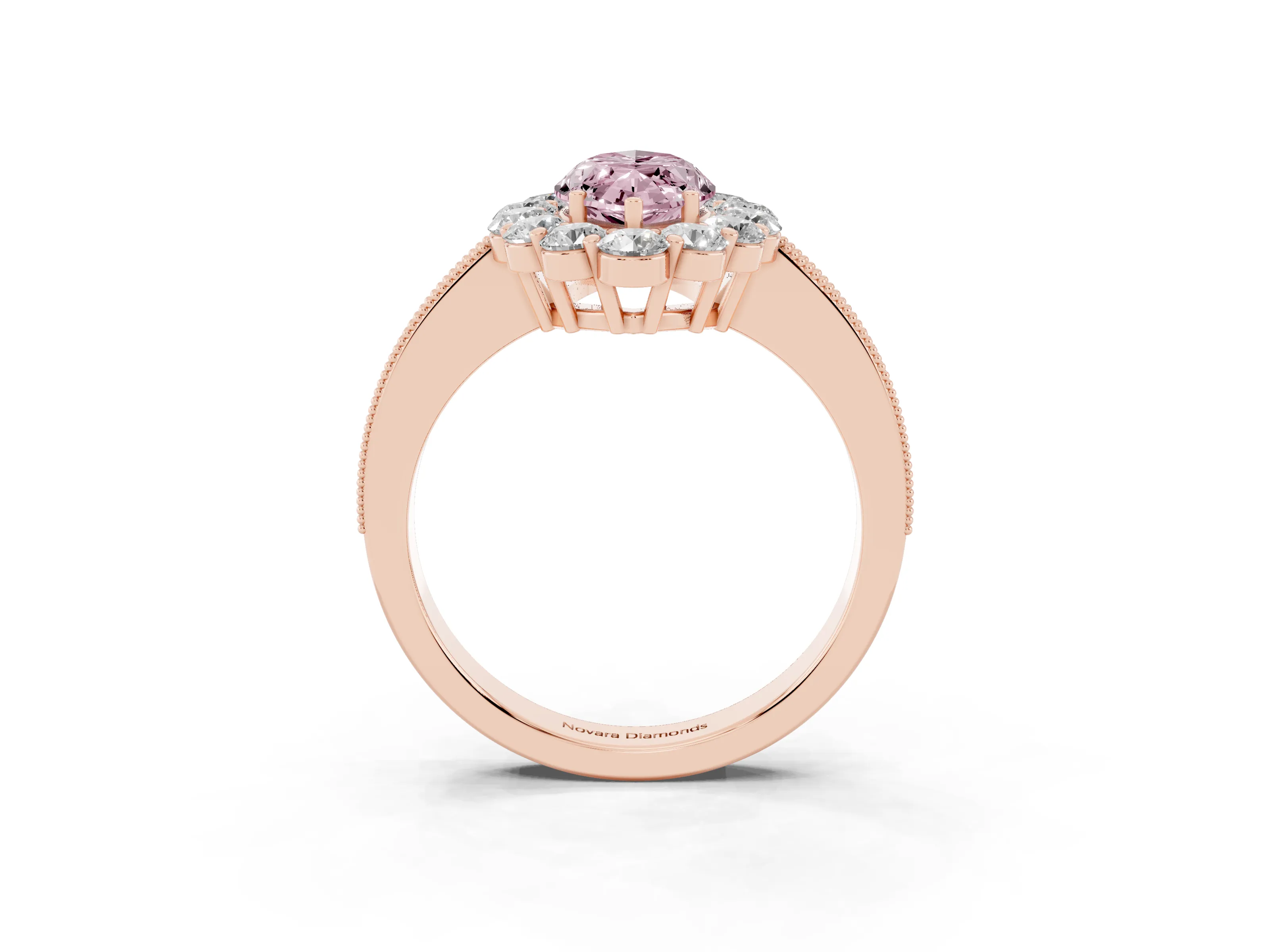 Fancy Pink Marquise Cut Diamond Halo Pavé Engagement Ring Set in Rose gold with Milgrain Detailing