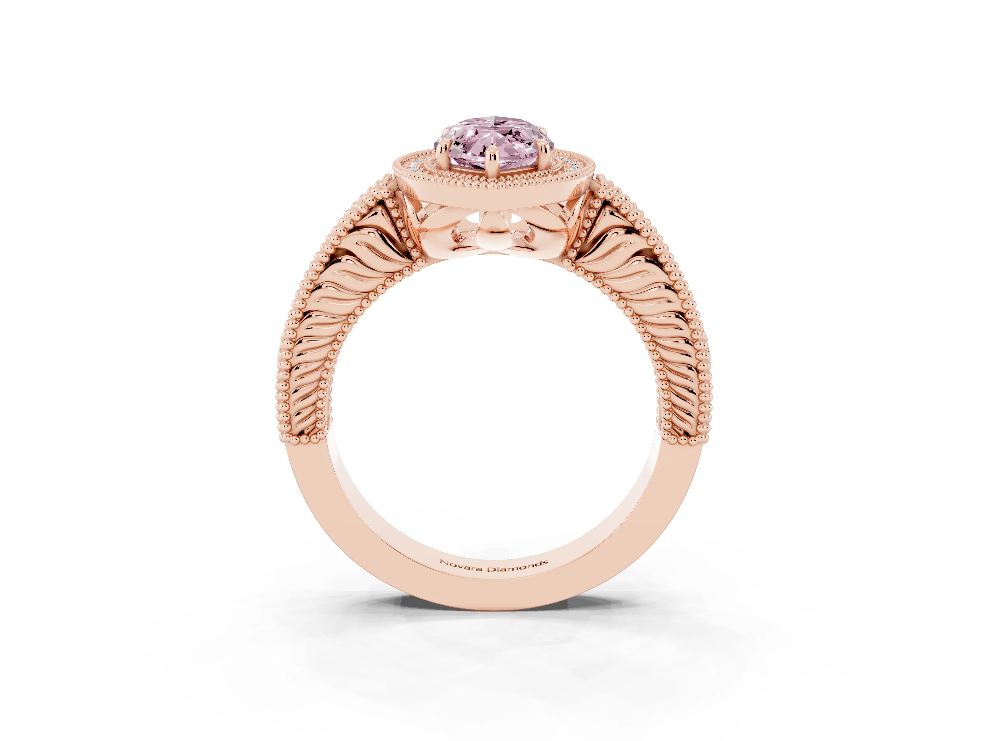 Fancy Pink Marquise Cut Diamond Halo Ring Set in Rose gold with Round Accent Halo, Pavé Band and Prong Setting