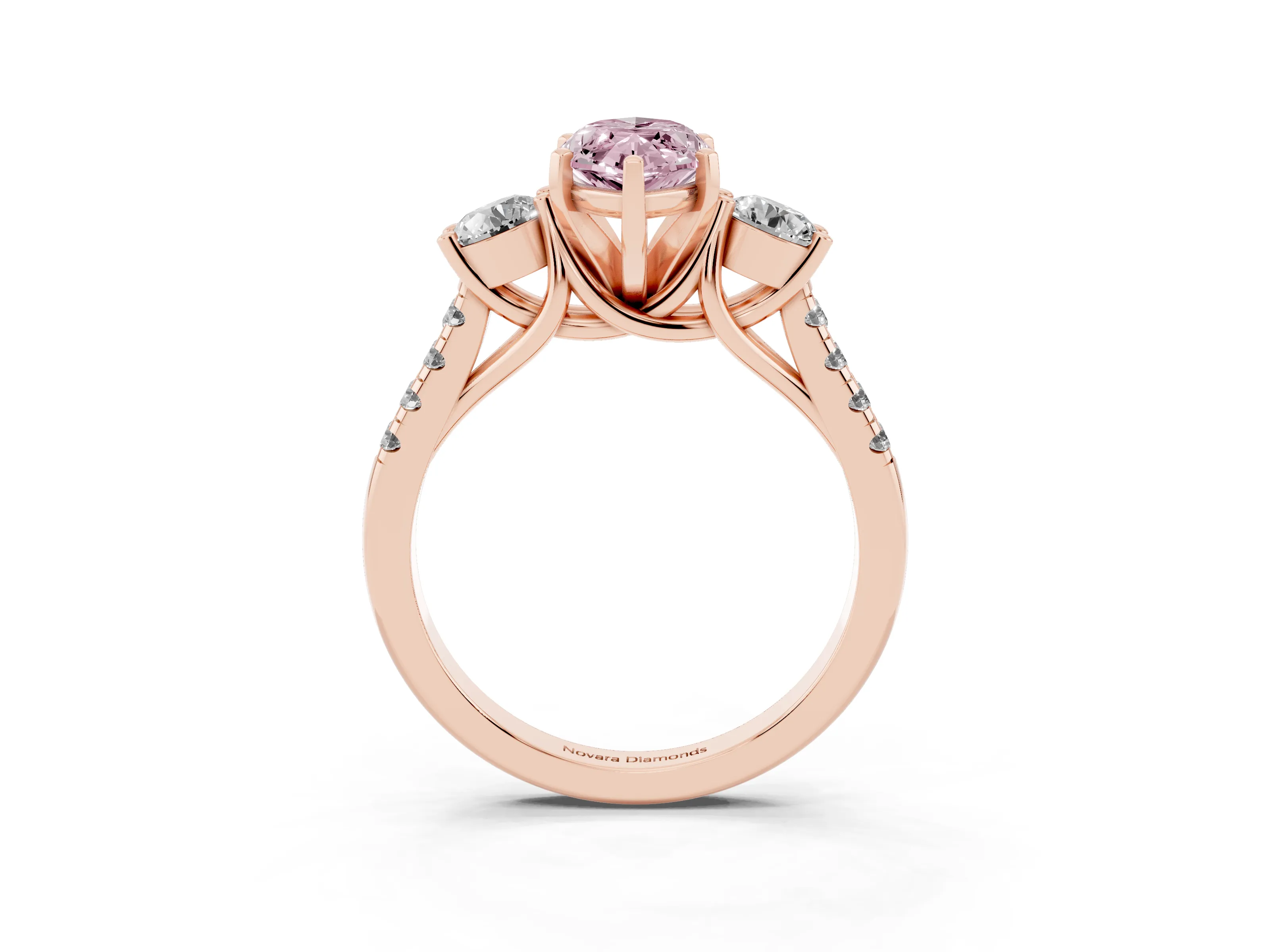 Fancy Pink Three-Stone Marquise Cut Diamond Pavé Band Ring Set in Rose gold with Prong-Set Trio