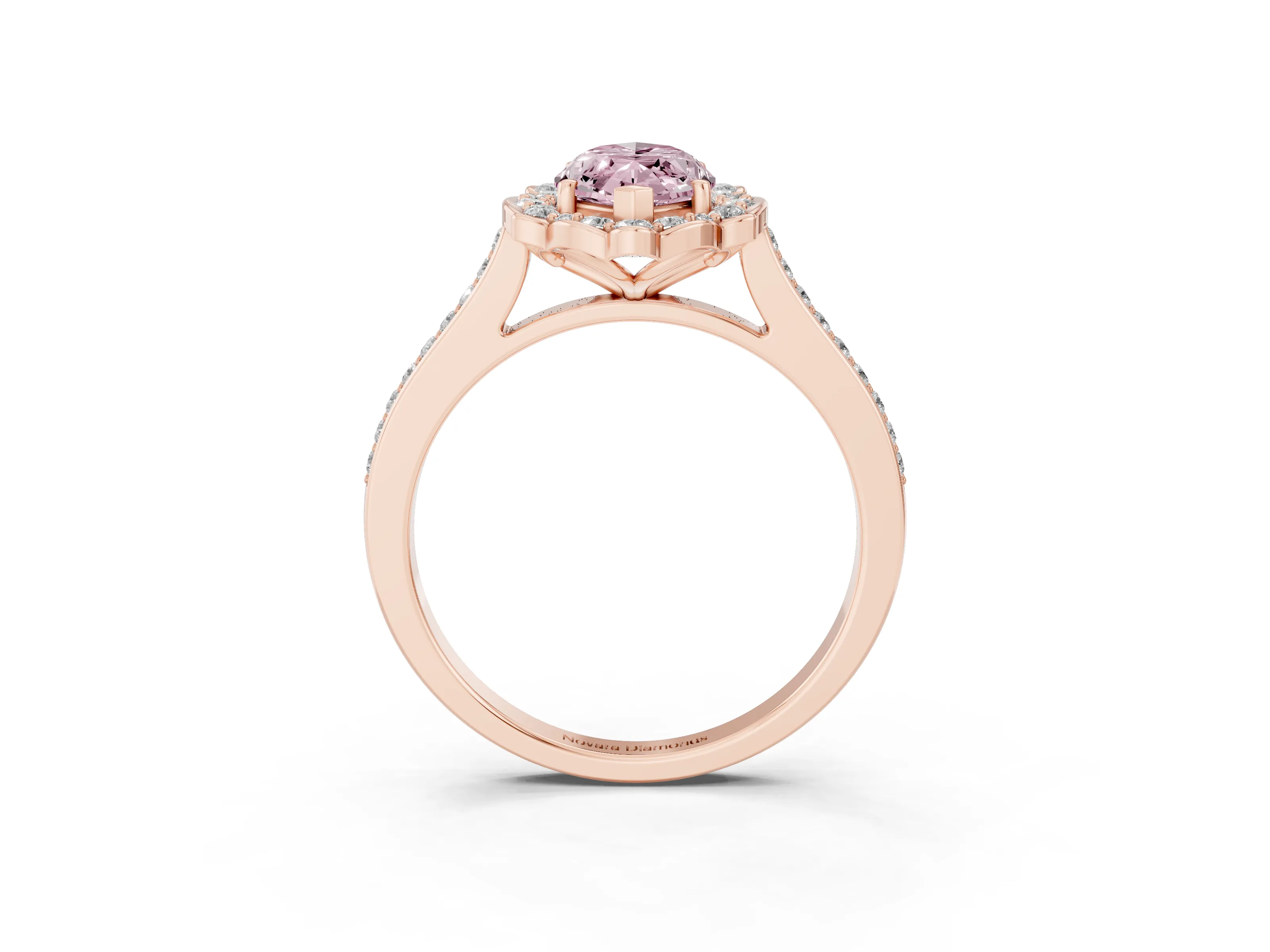 Fancy Pink Marquise Cut Diamond Halo Ring Set in Rose gold with Pavé-Lined Shoulders and Prong Setting