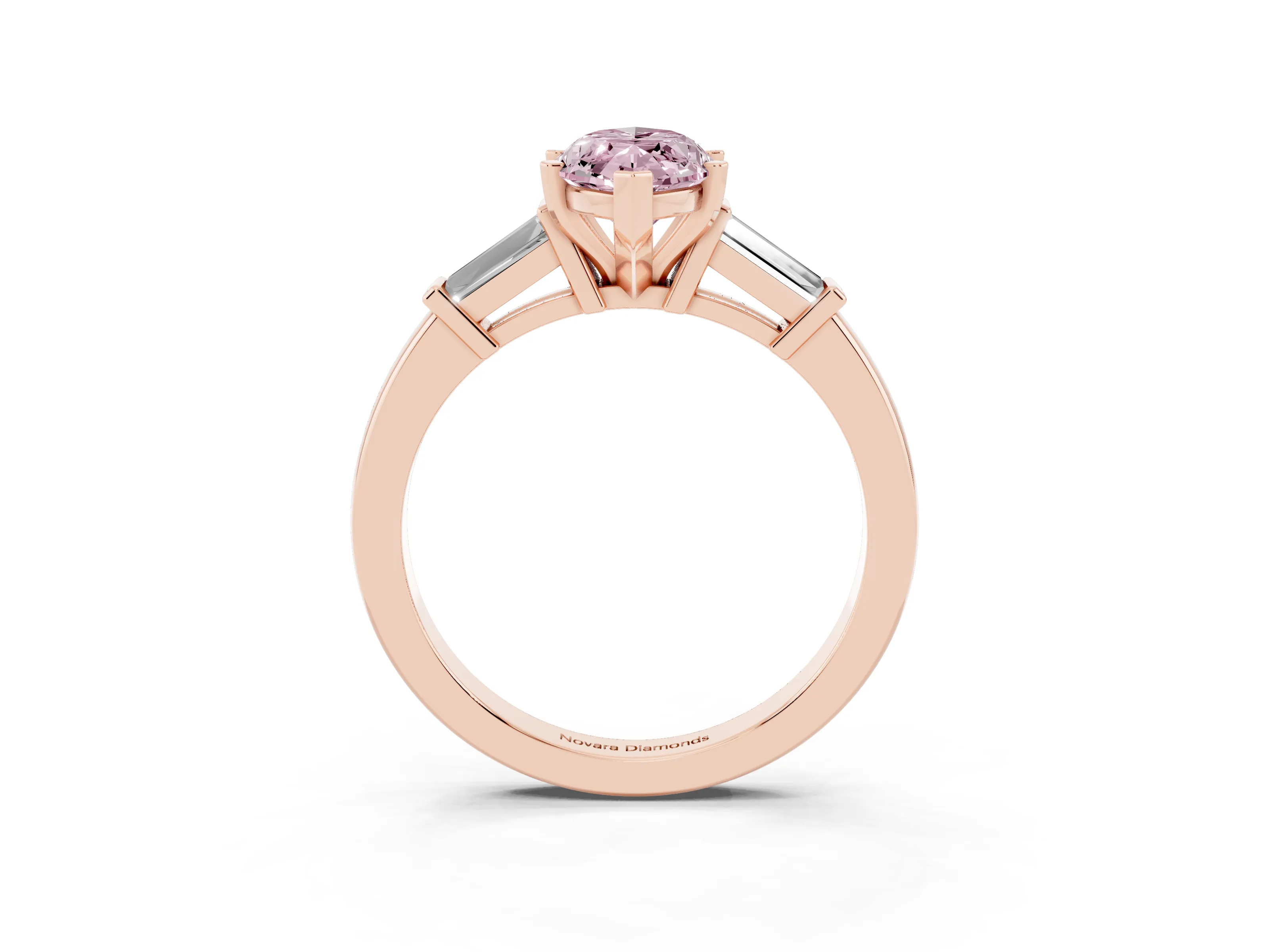Fancy Pink Marquise Cut Diamond Solitaire Ring Set in Rose gold with Tapered Baguette Accents and Prong Setting