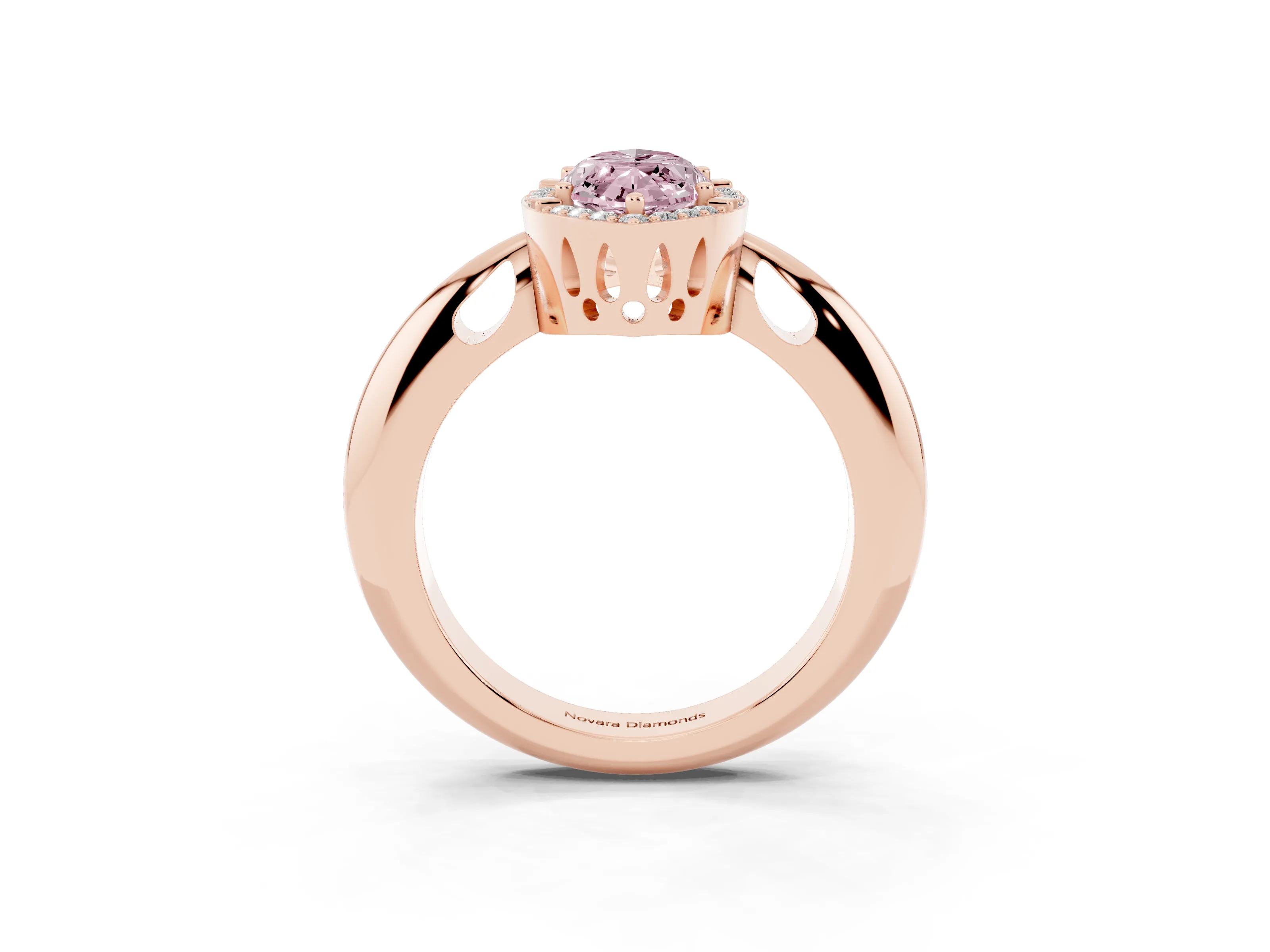 Fancy Pink Marquise Cut Diamond Halo Engagement Ring Set in Rose gold with Plain Split Shank and Prong Setting