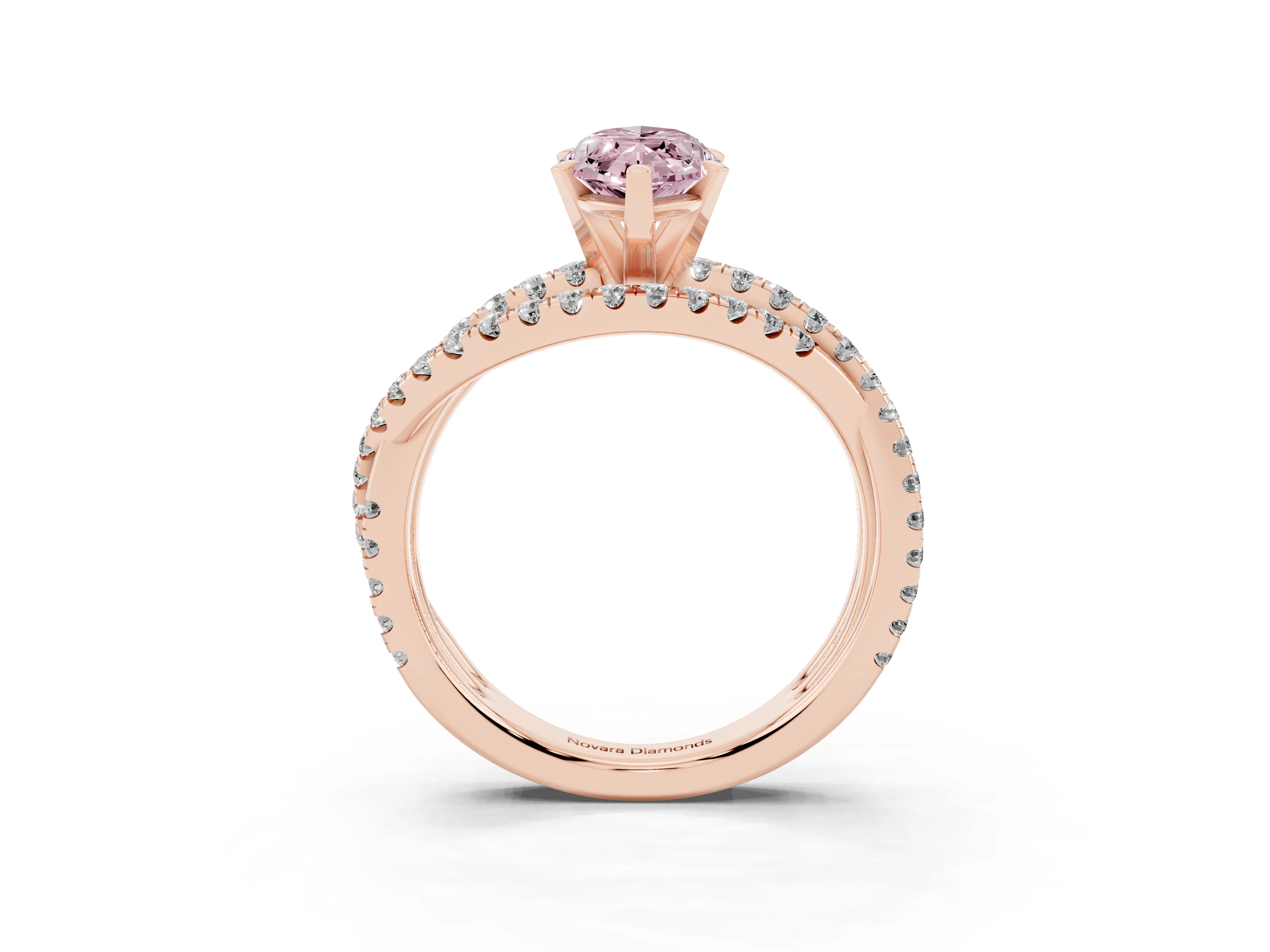 Fancy Pink Marquise Cut Diamond Solitaire Twist Band Ring Set in Rose gold with Pavé Setting and Prong Head