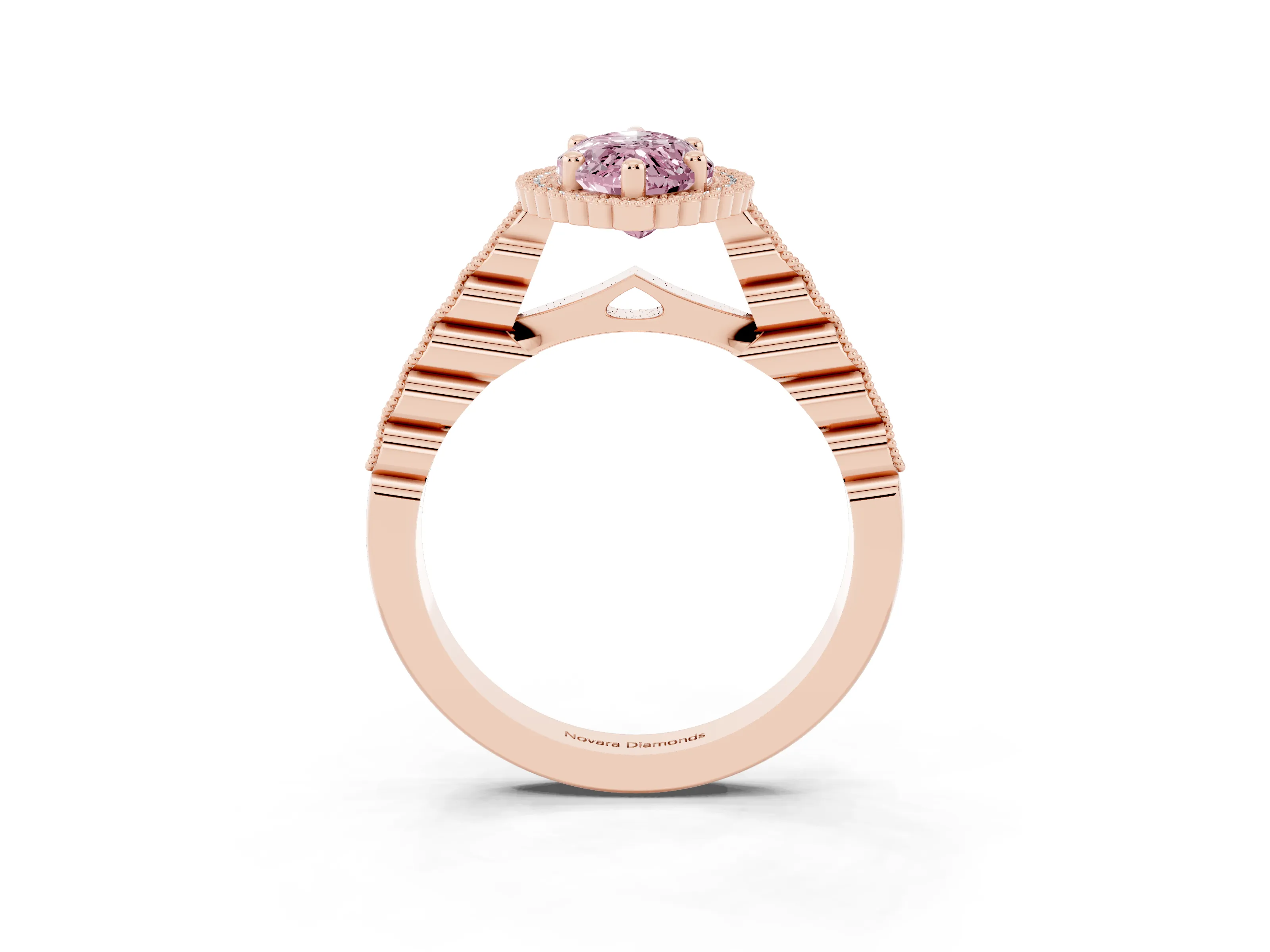Fancy Pink Marquise Cut Diamond Halo Ring Set in Rose gold with Pavé Milgrain Band