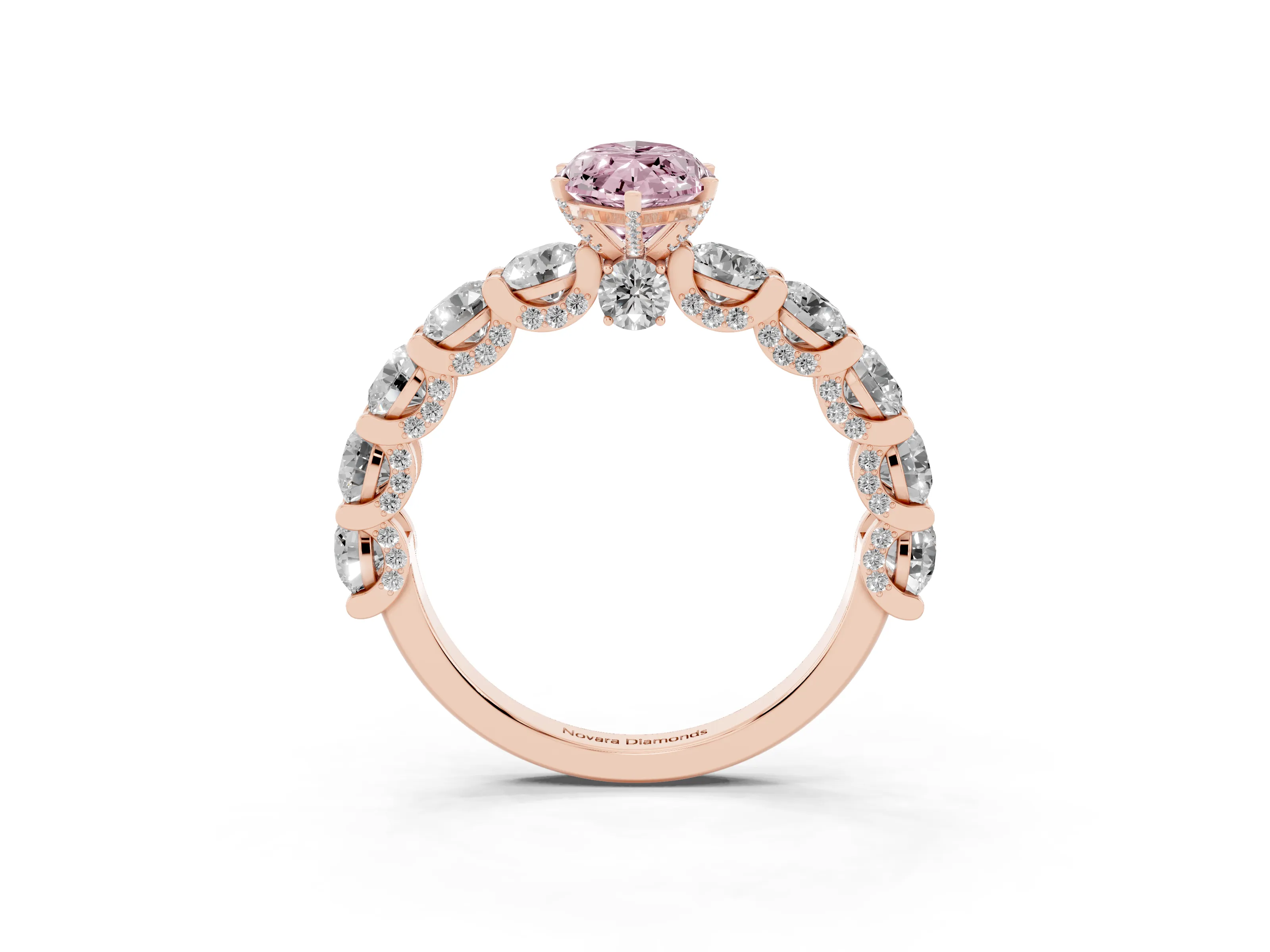 Fancy Pink Marquise Cut Diamond Side Stone Ring Set in Rose gold with Alternating Round and Oval Side Stones