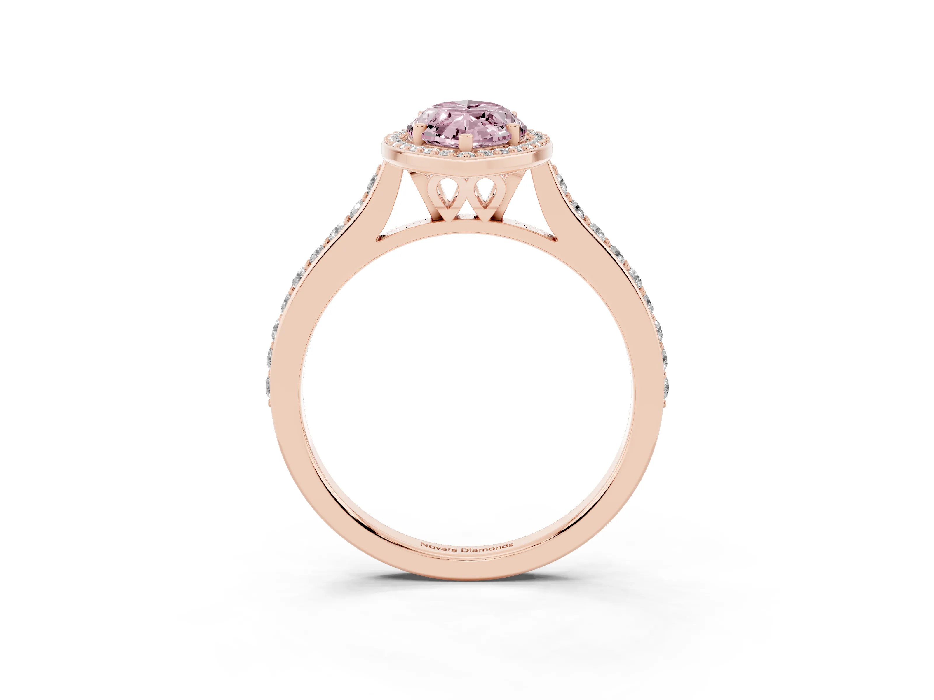 Fancy Pink Marquise Cut Diamond Halo Engagement Ring Set in Rose gold with Round Pavé Shoulders and Heart Gallery