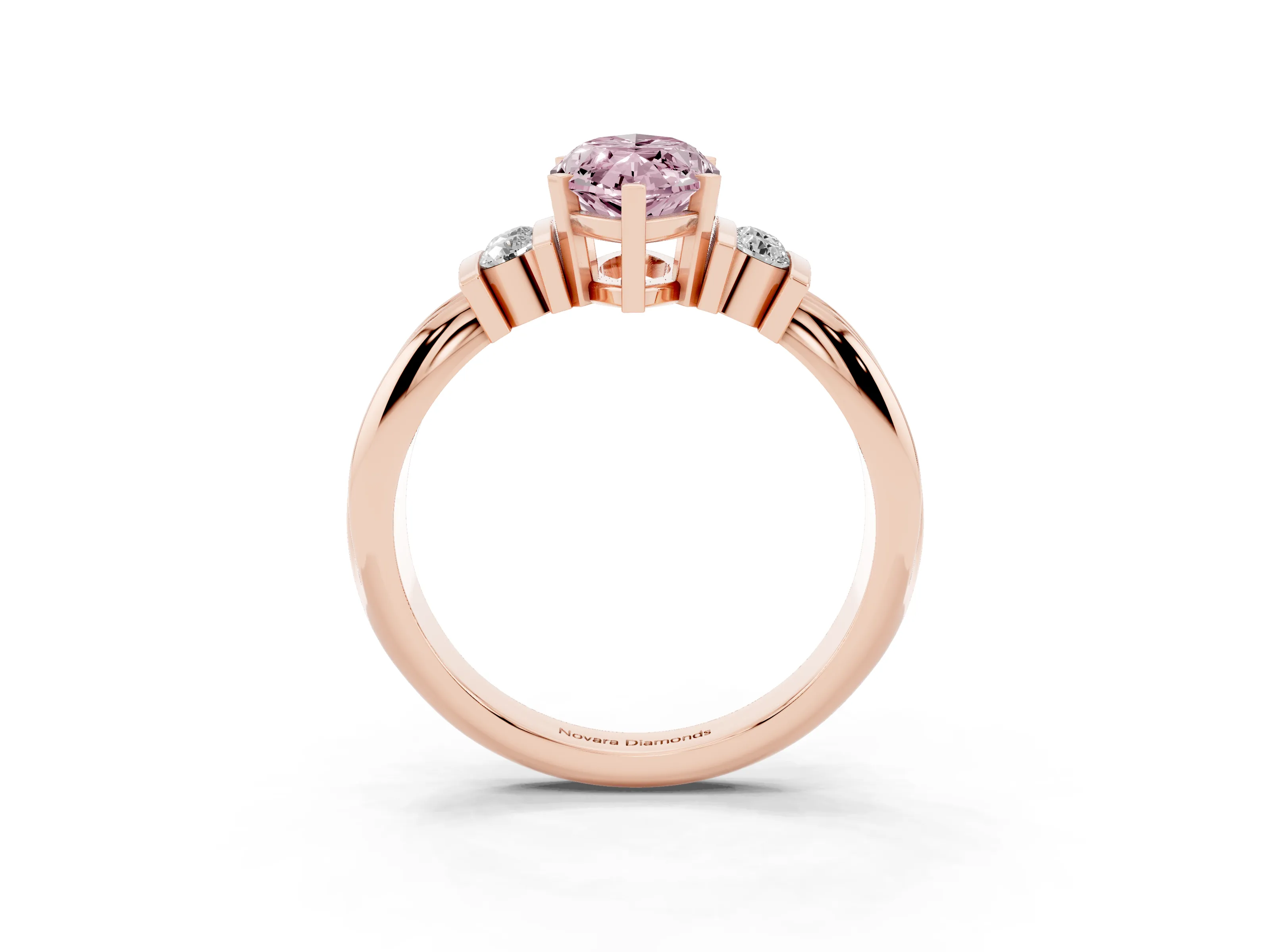 Fancy Pink Three-Stone Marquise Cut Diamond Channel Set Ring Set in Rose gold with Bar Prongs