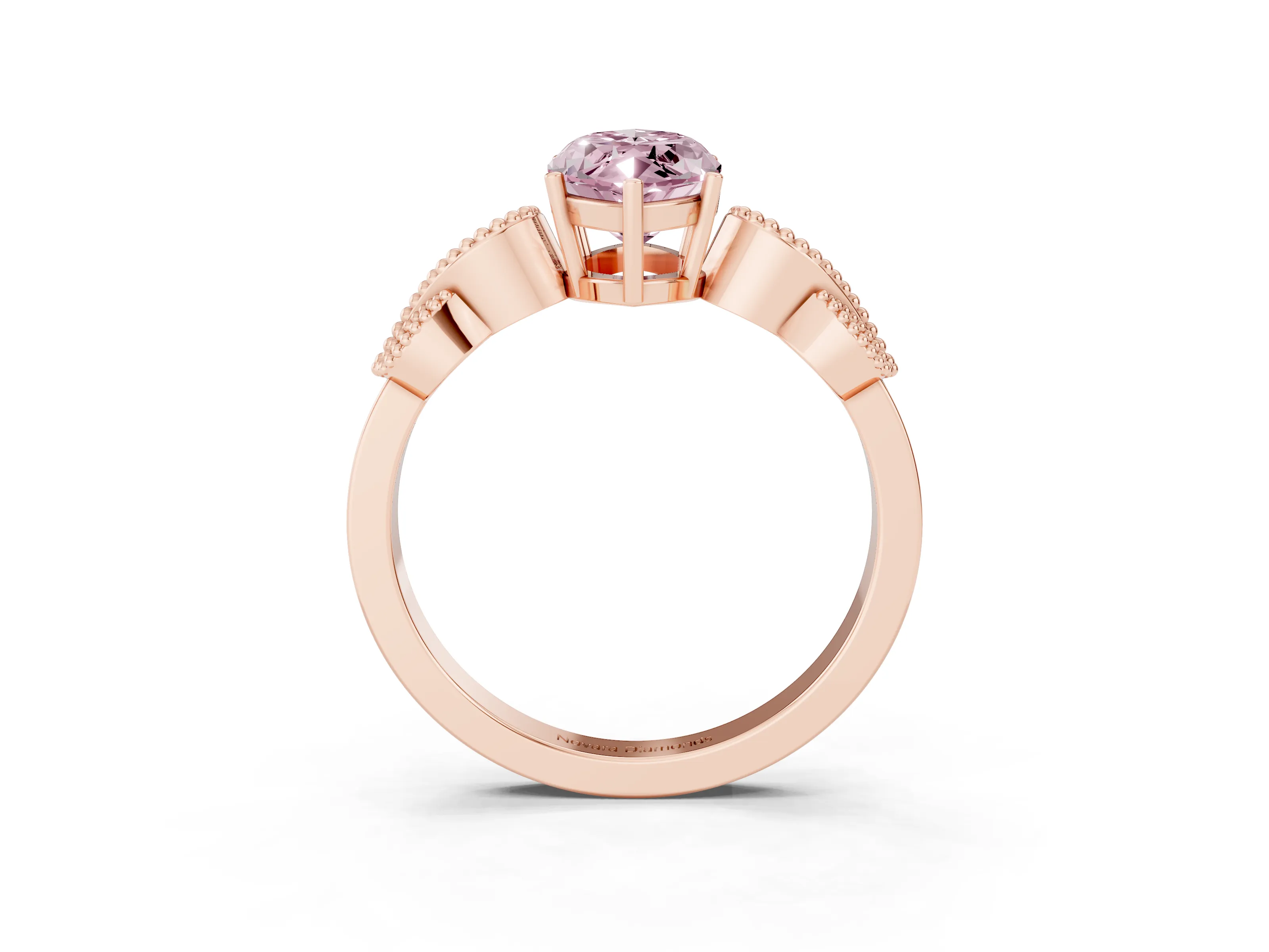 Fancy Pink Marquise Cut Diamond Milgrain Leaf Band Solitaire Ring Set in Rose gold with Accent Stones and Prong Setting