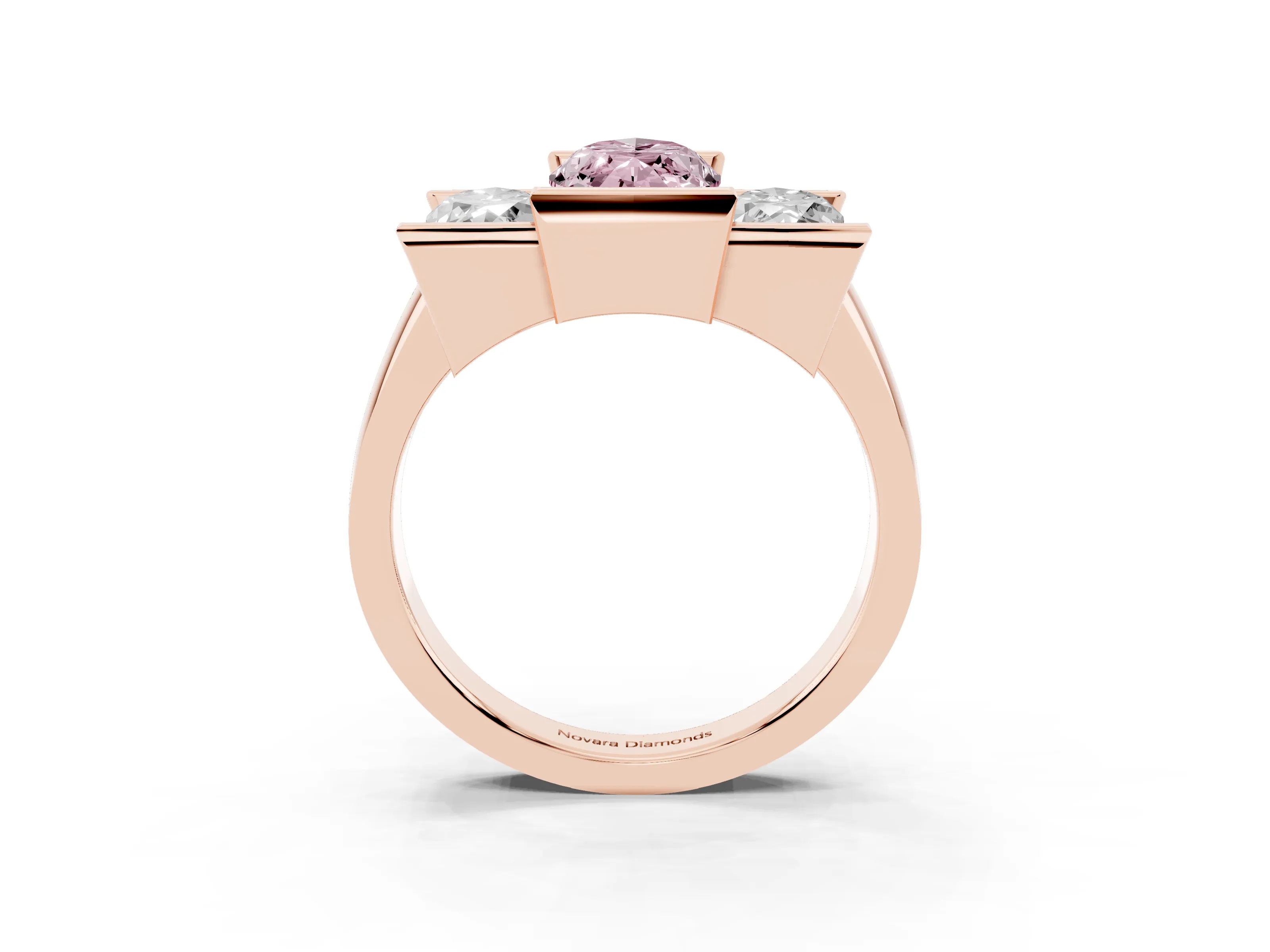 Fancy Pink Marquise Cut Diamond Three-Stone Channel Set Ring Set in Rose gold with Smooth Polished Band