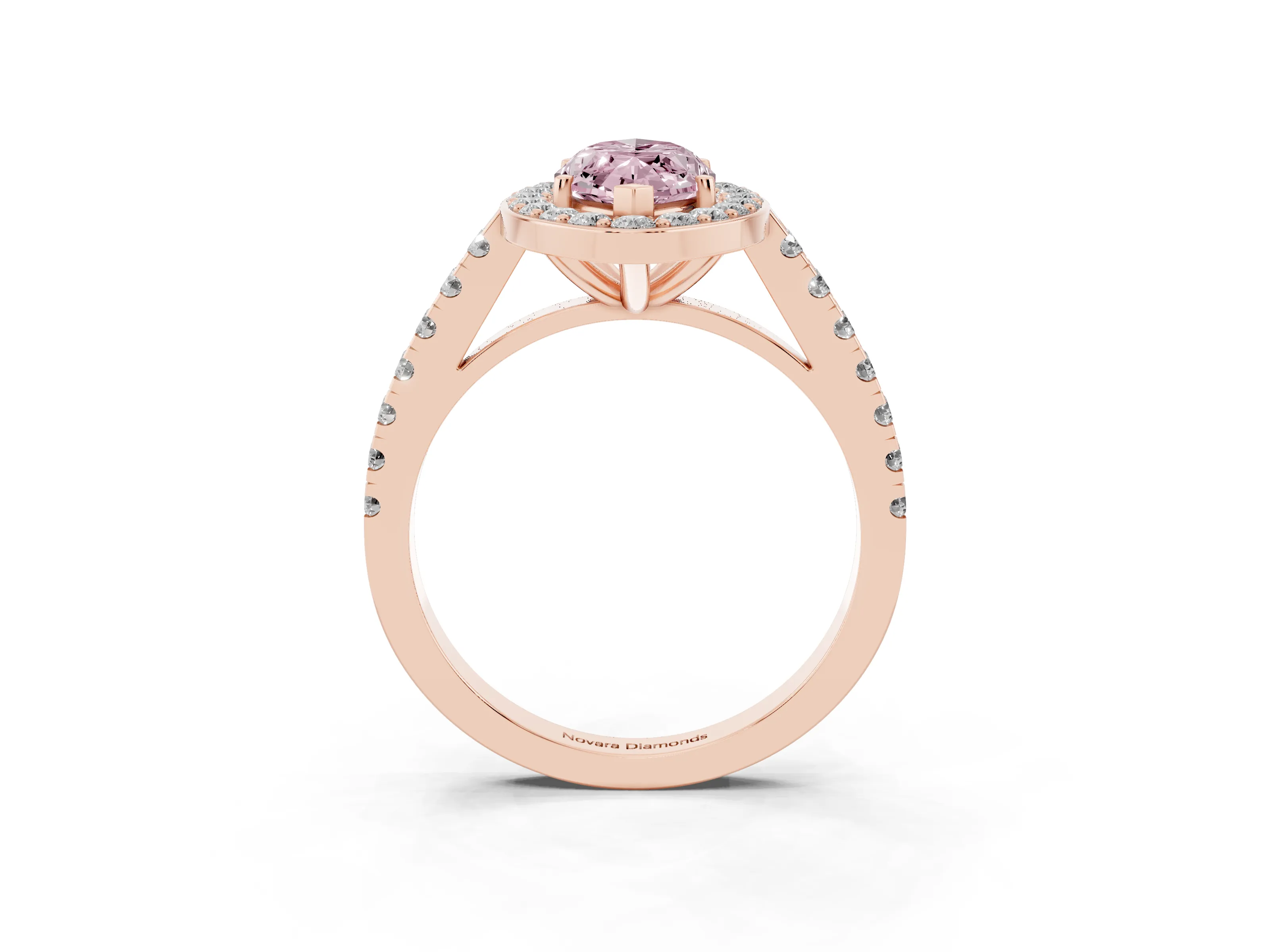 Fancy Pink Marquise Cut Diamond Halo Ring Set in Rose gold with Round Pavé Split Shank and Prong Setting