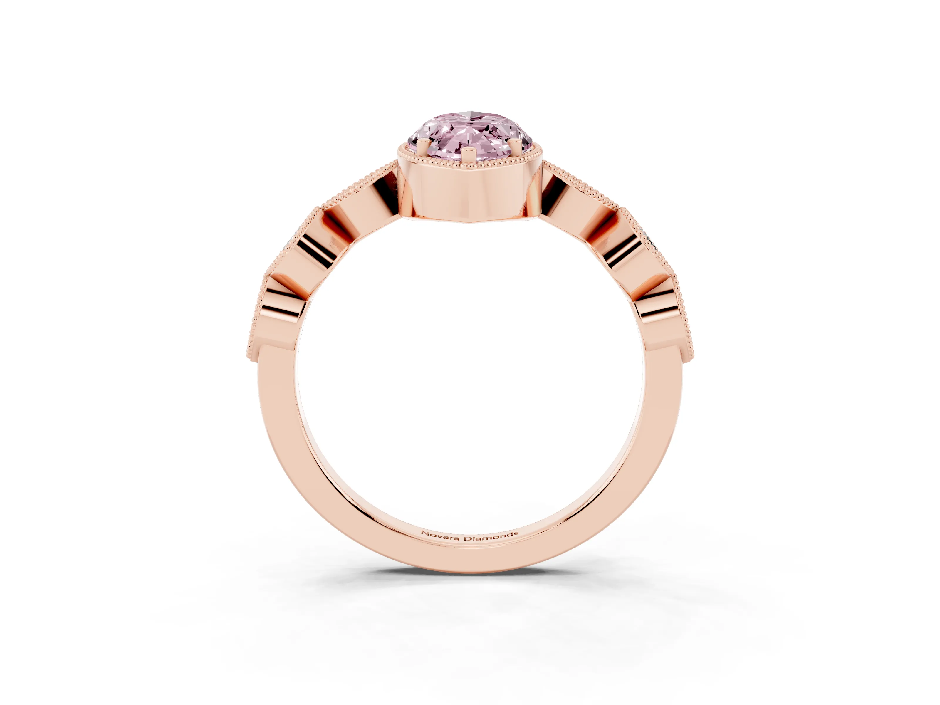 Fancy Pink Marquise Cut Diamond Vintage-Inspired Milgrain Ring Set in Rose gold with Marquise Stations of Round Accents