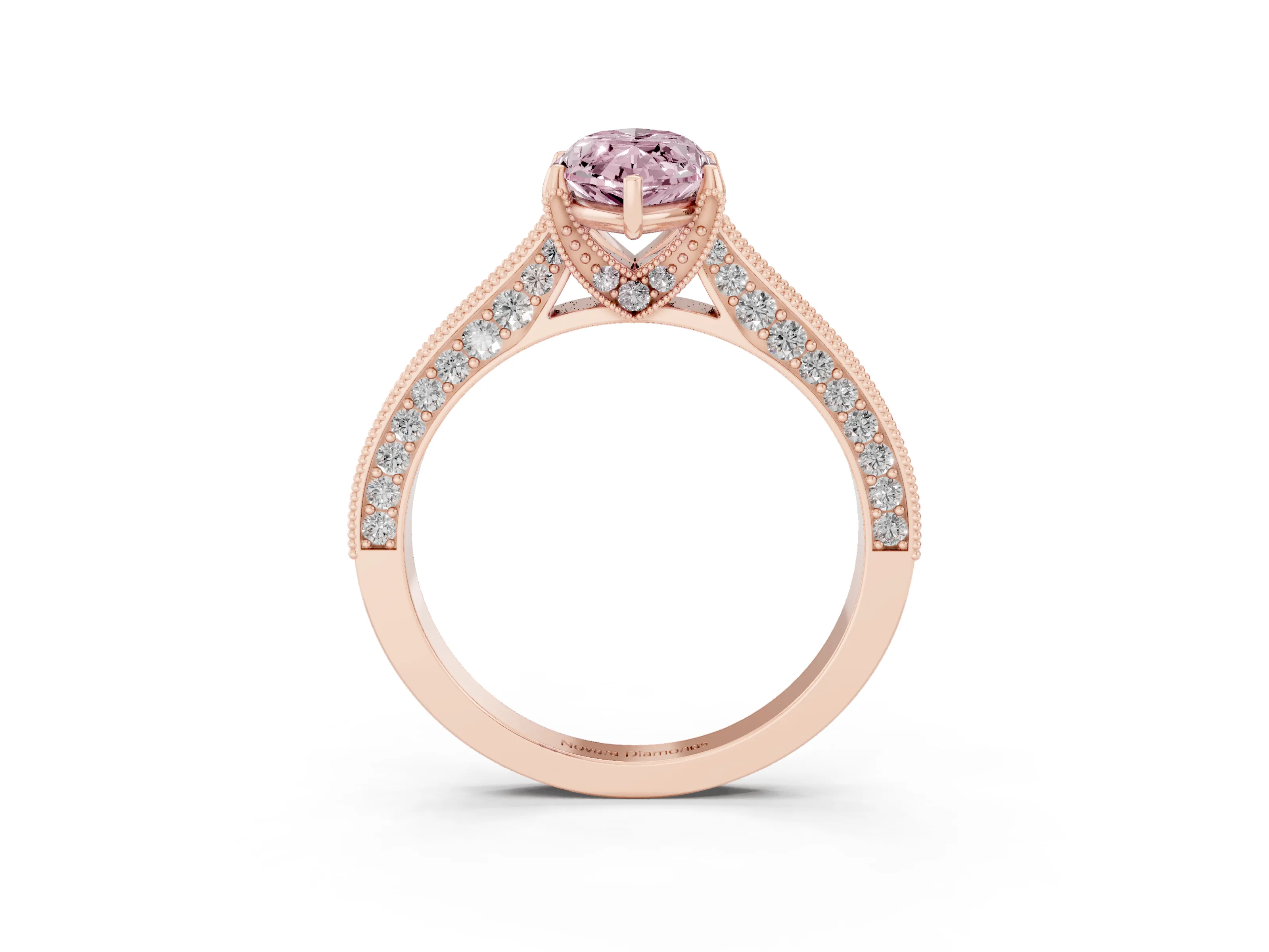 Fancy Pink Marquise Cut Diamond Solitaire Ring Set in Rose gold with Milgrain-Edged Pavé Band and Prong Setting