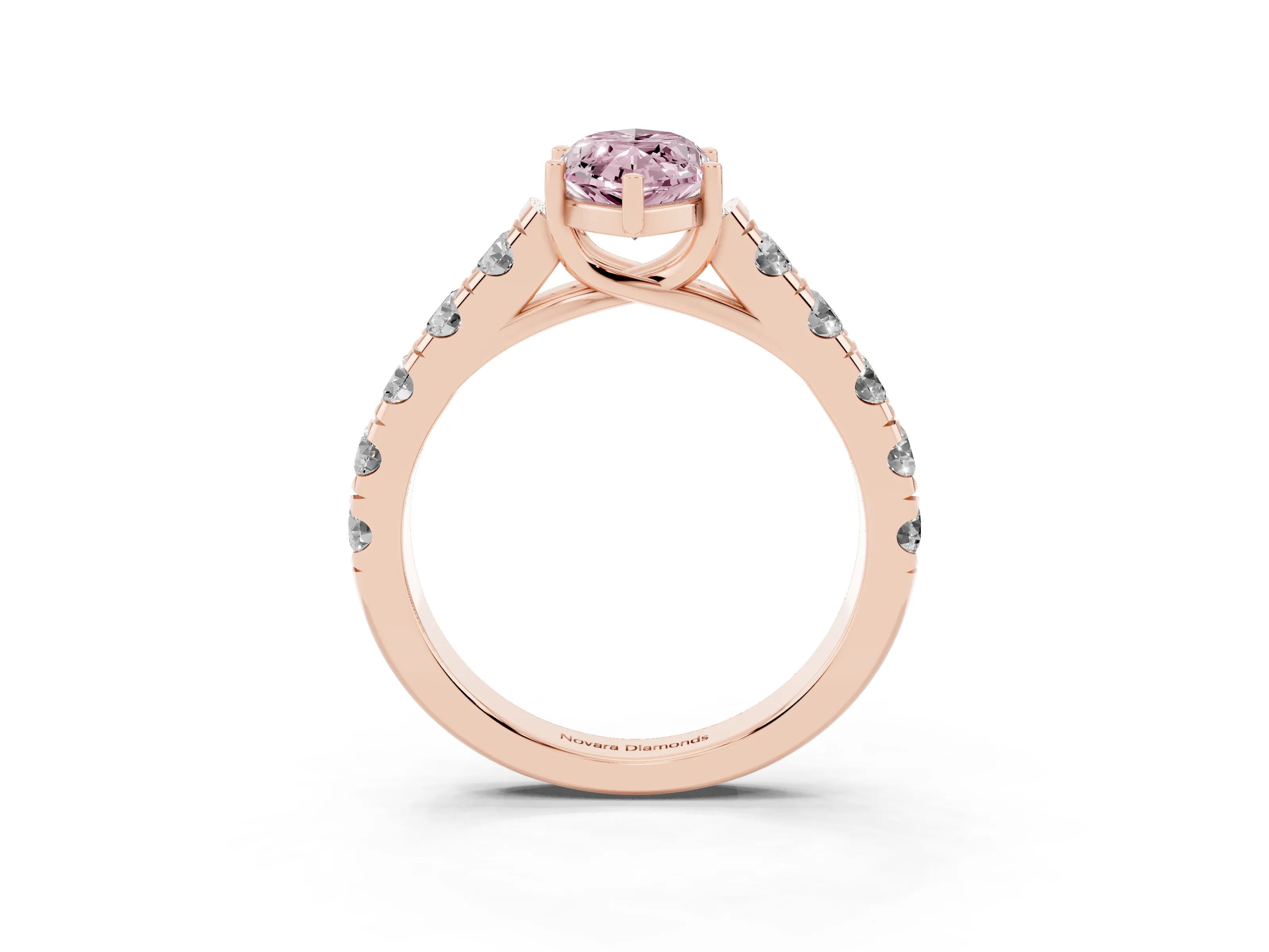 Fancy Pink Marquise Cut Diamond Solitaire Ring Set in Rose gold with Cut-Down Micro Pavé Band and Prong Setting