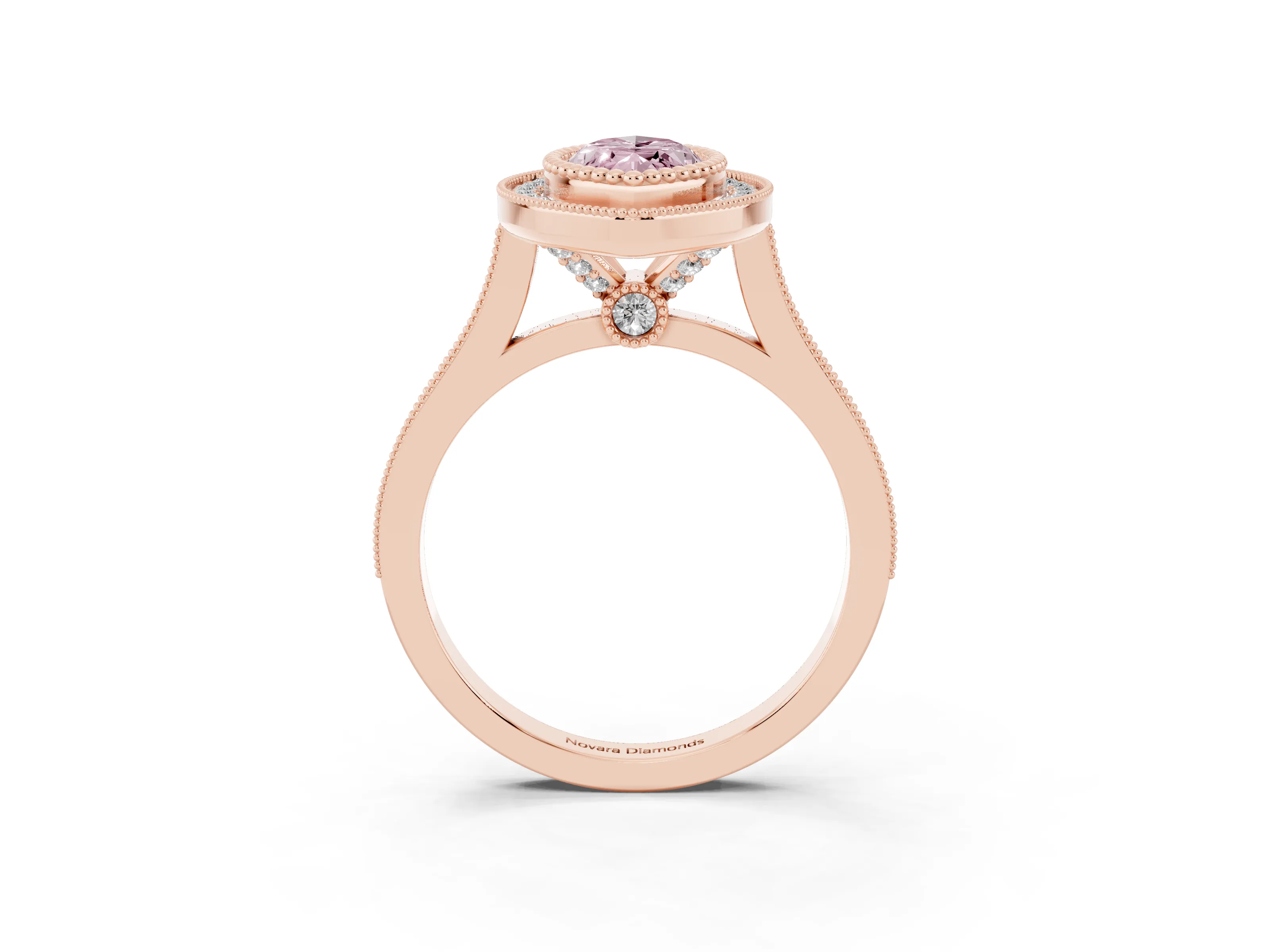 Fancy Pink Marquise Cut Diamond Halo Ring Set in Rose gold with Milgrain Frame and Pavé Band
