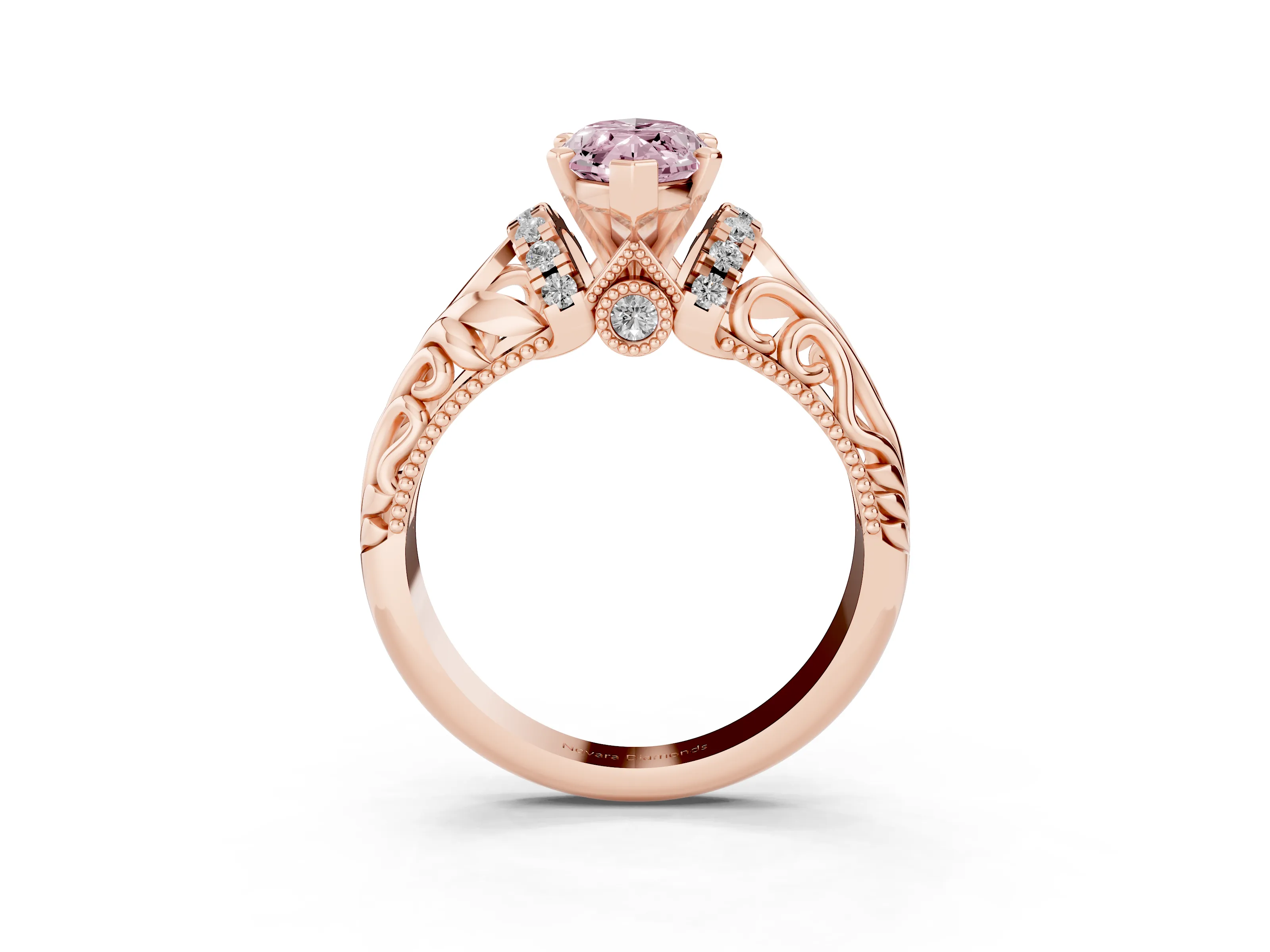 Fancy Pink Marquise Cut Diamond Filigree Halo Engagement Ring Set in Rose gold with Prong Setting