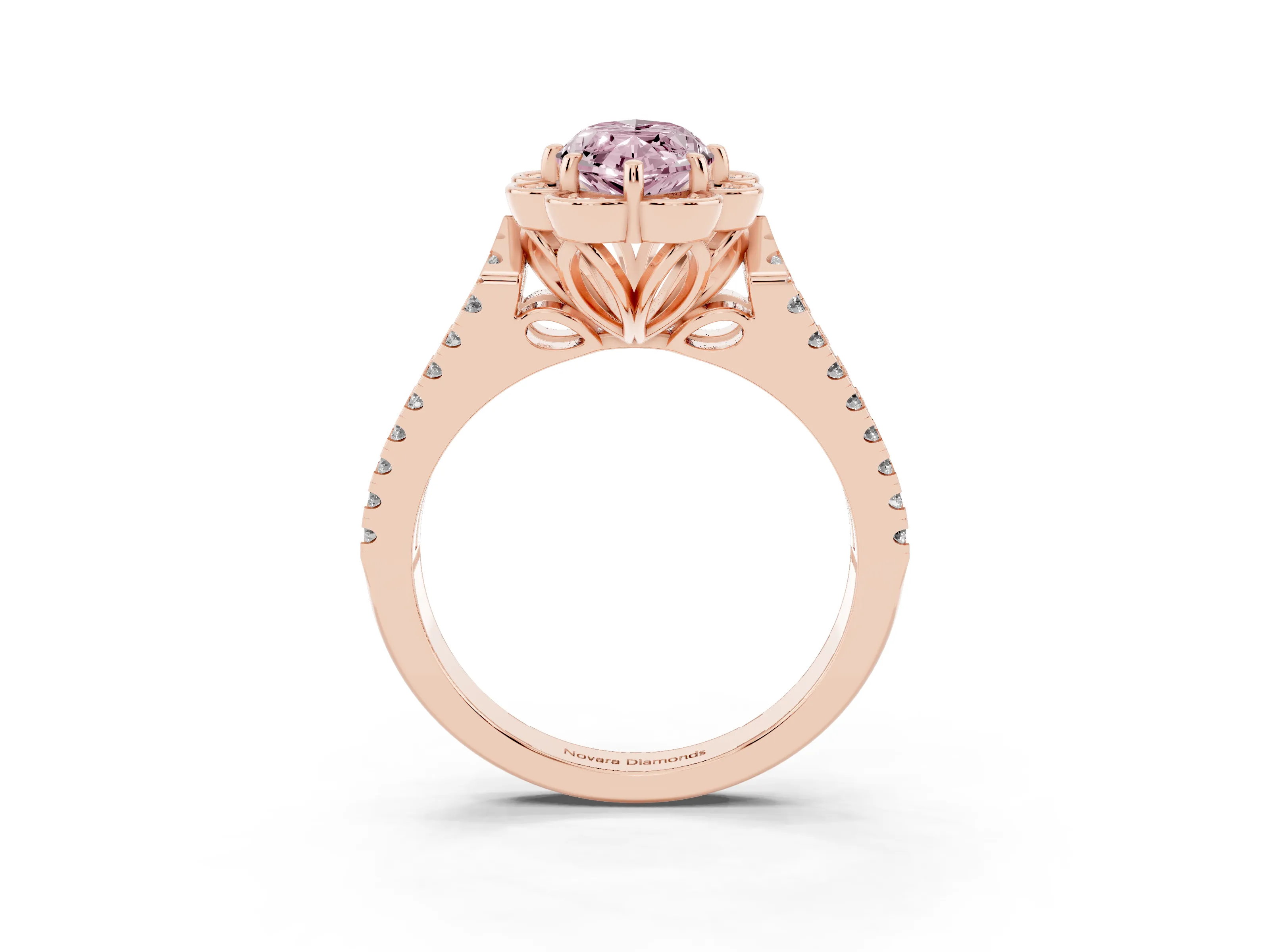 Fancy Pink Marquise Cut Diamond Floral Halo Split Shank Engagement Ring Set in Rose gold with Pavé Shank