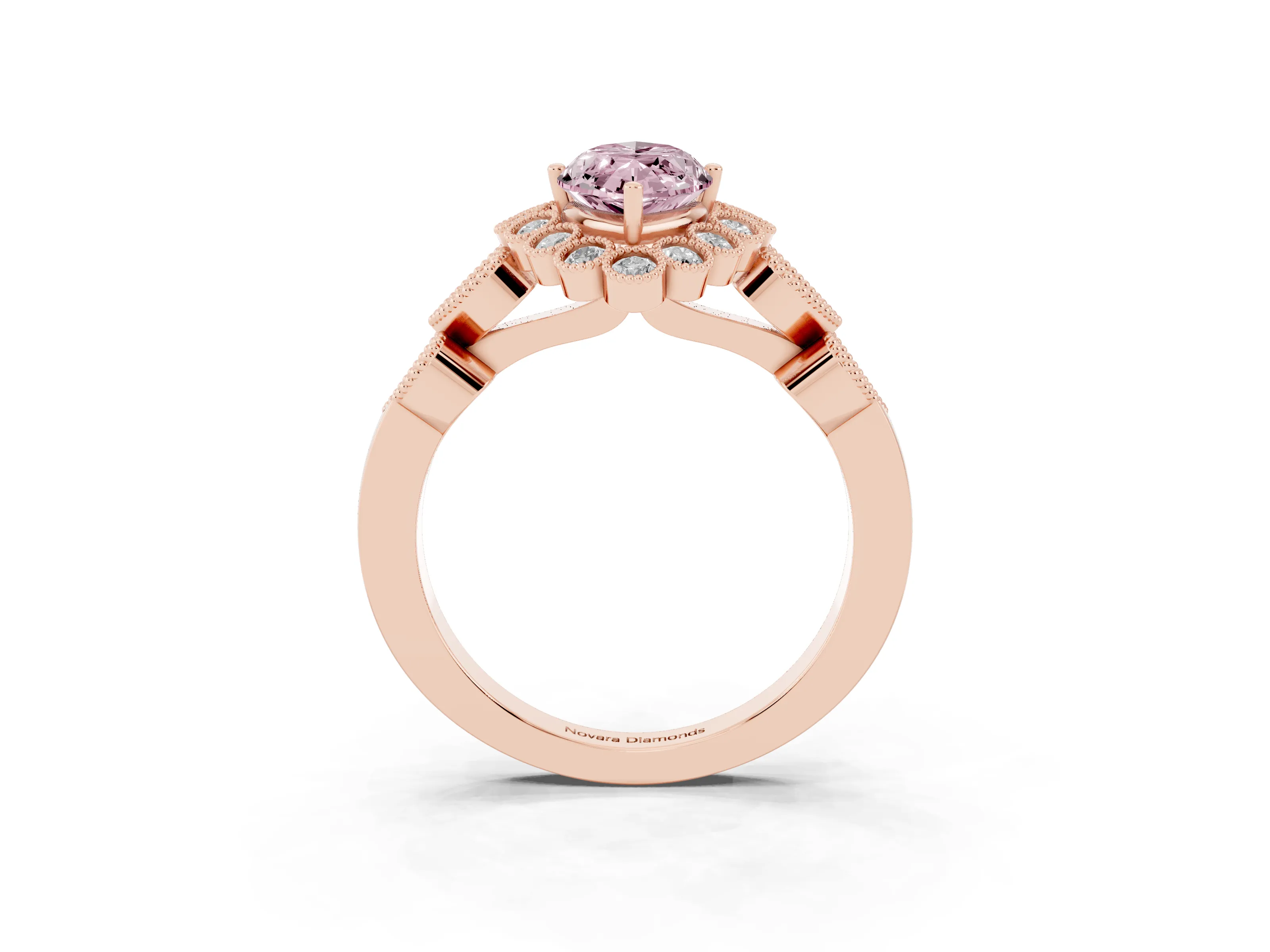 Fancy Pink Marquise Cut Diamond Solitaire Ring Set in Rose gold with Milgrain Pavé Heart Band