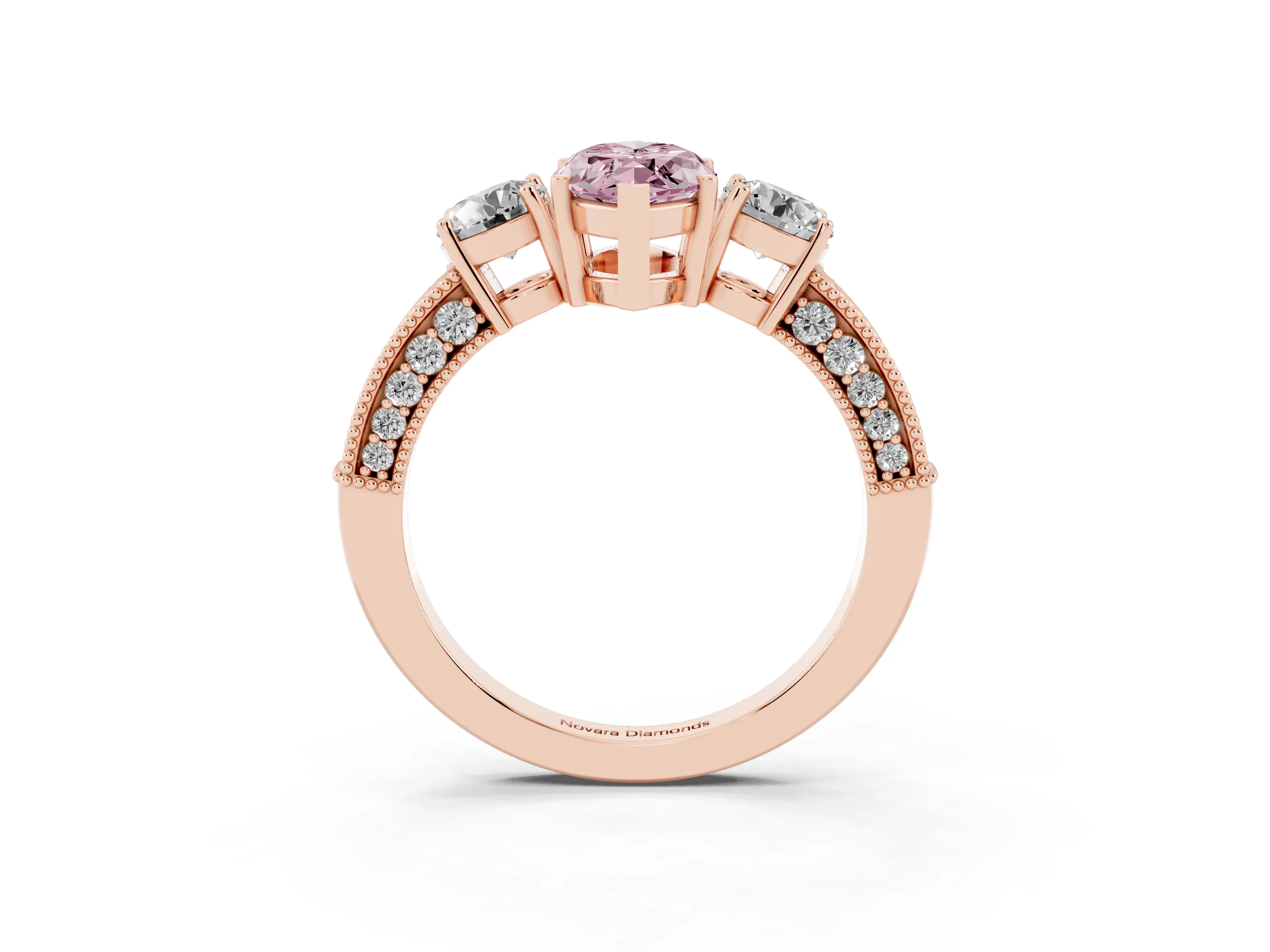 Fancy Pink Marquise Cut Diamond Three-Stone Ring Set in Rose gold with Round Side Stones and Pavé Band