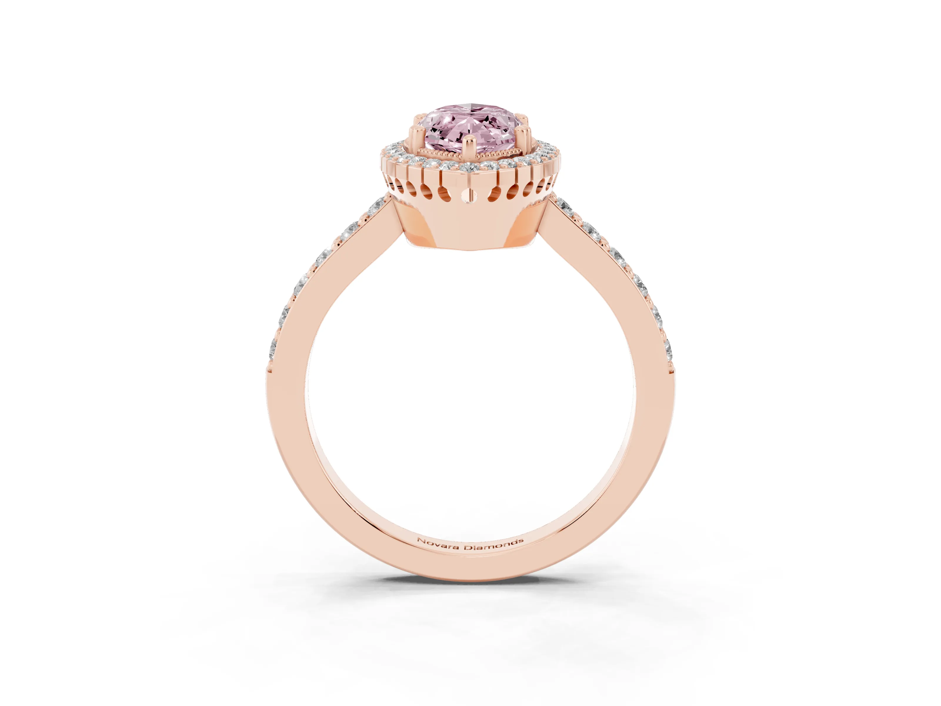 Fancy Pink Marquise Cut Diamond Halo Engagement Ring Set in Rose gold with Milgrain Detail and Pavé Band