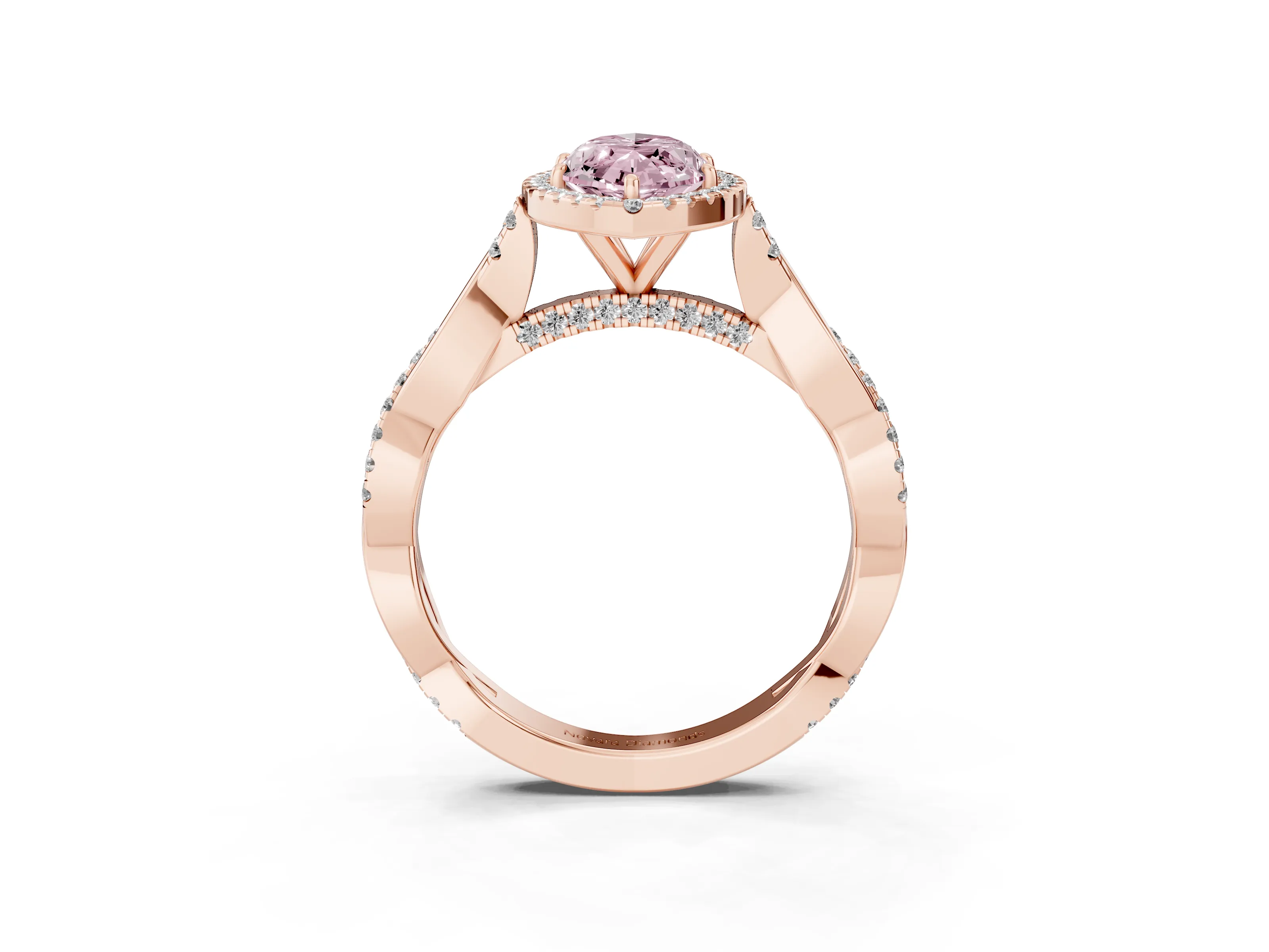 Fancy Pink Marquise Cut Diamond Halo Twist Band Solitaire Ring Set in Rose gold with Prong Setting