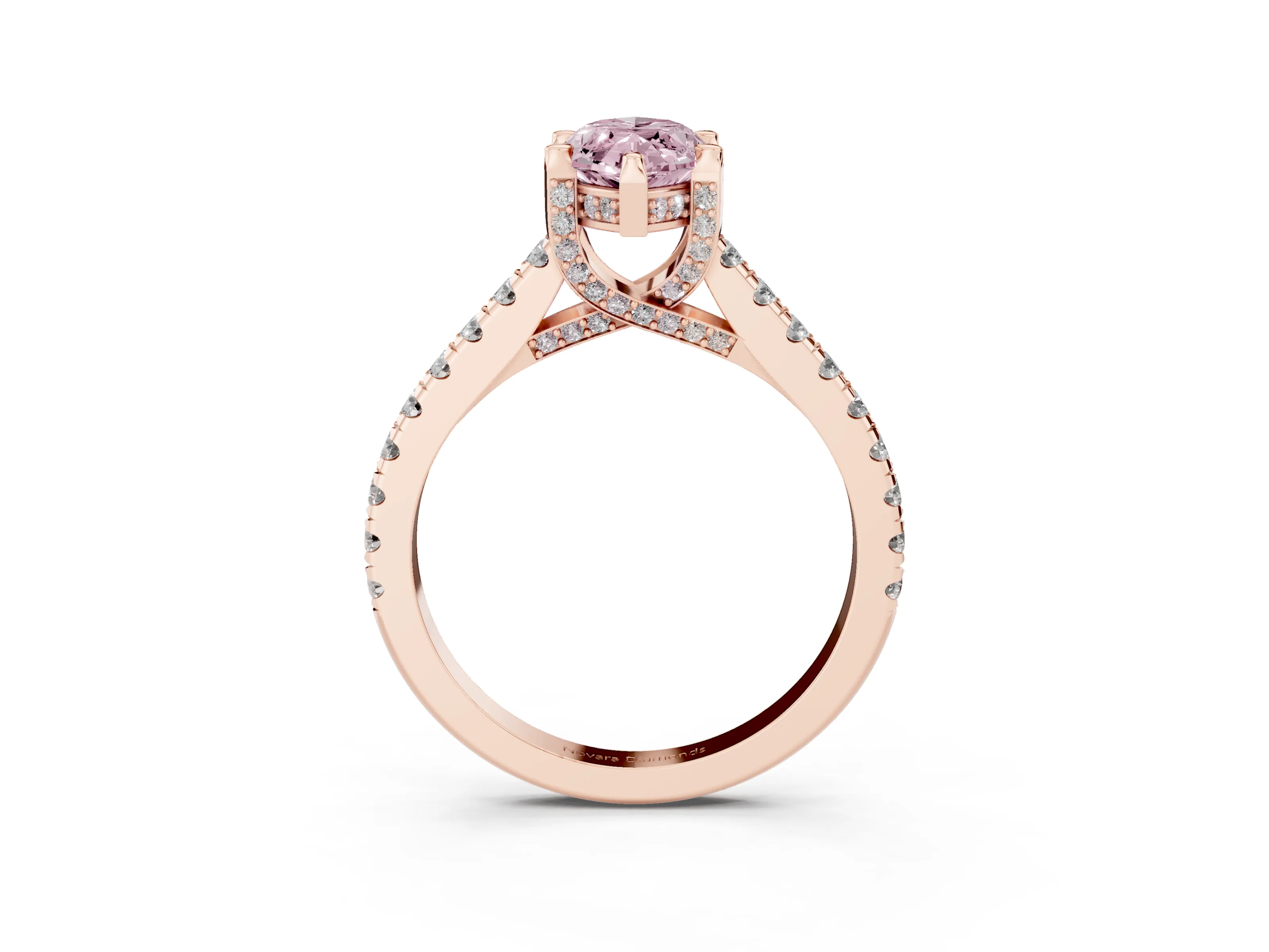 Fancy Pink Marquise Cut Diamond Solitaire Ring Set in Rose gold with Brilliant Pavé Band and Prong Setting