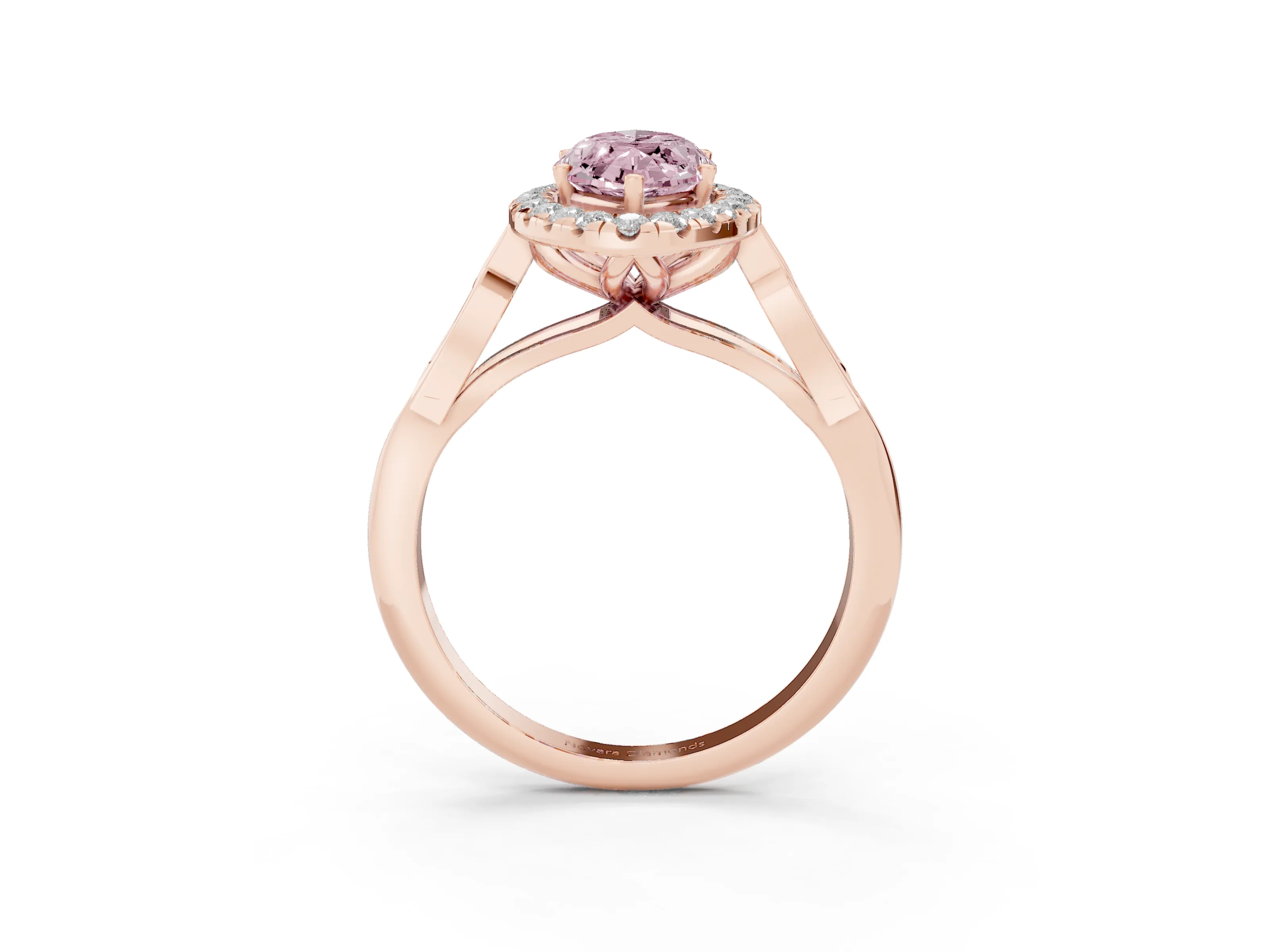 Fancy Pink Marquise Cut Diamond Halo Engagement Ring Set in Rose gold with Filigree Band and Prong-Set Center