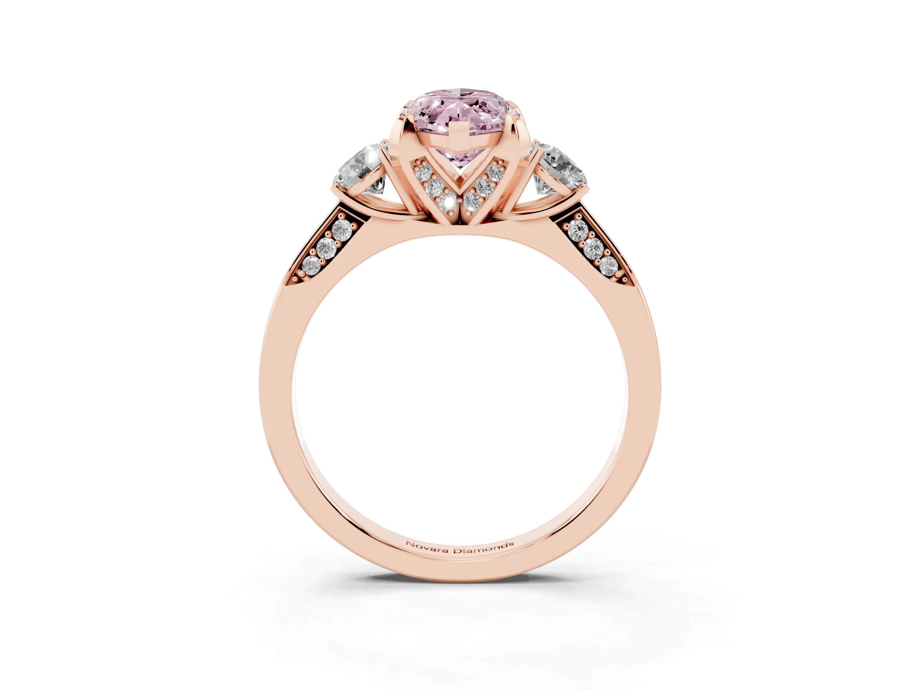 Fancy Pink Marquise Cut Diamond Three-Stone Ring Set in Rose gold with Pavé Band and Smaller Side Stones