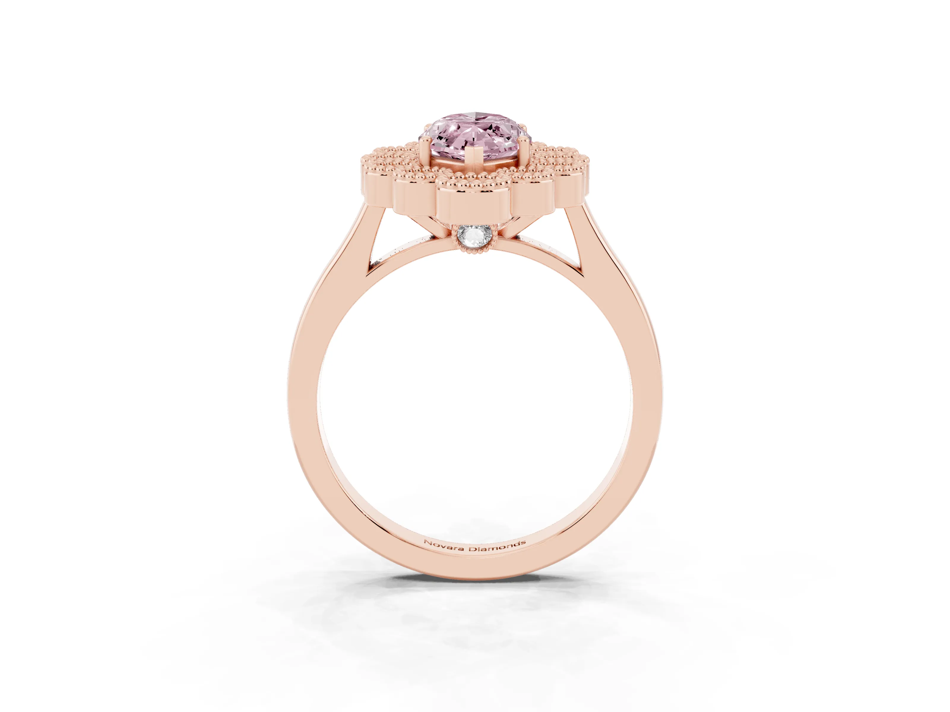 Fancy Pink Marquise Cut Diamond Cluster Halo Ring Set in Rose gold with Milgrain Bezel Accents and Plain Band