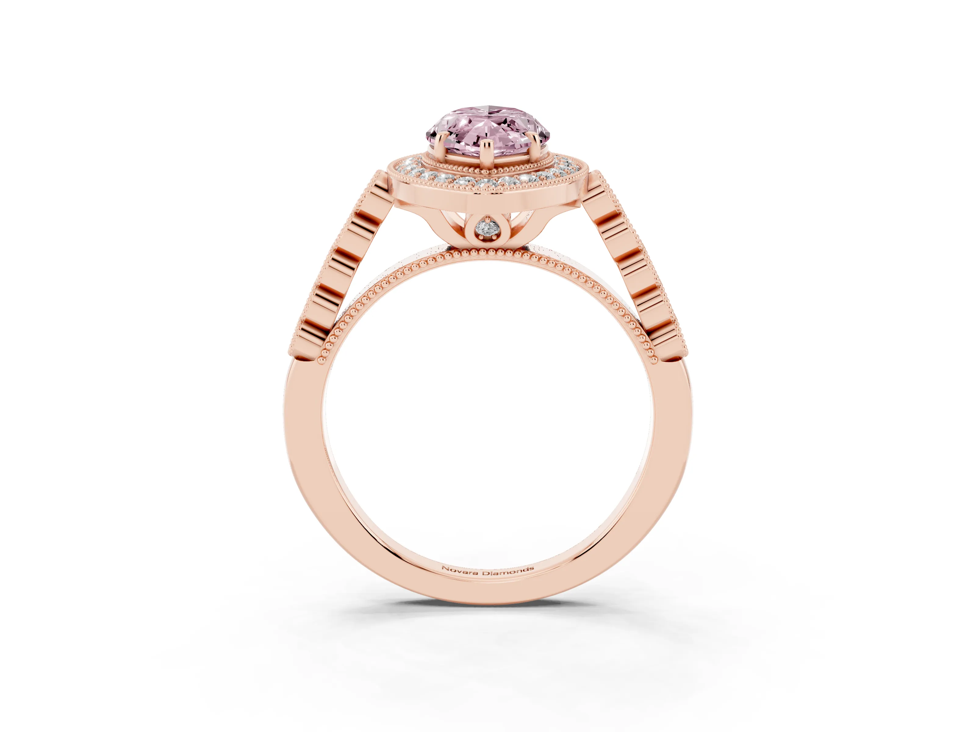 Fancy Pink Marquise Cut Diamond Milgrain Halo Solitaire Ring Set in Rose gold with Bezel Set Side Stones and Pavé Band