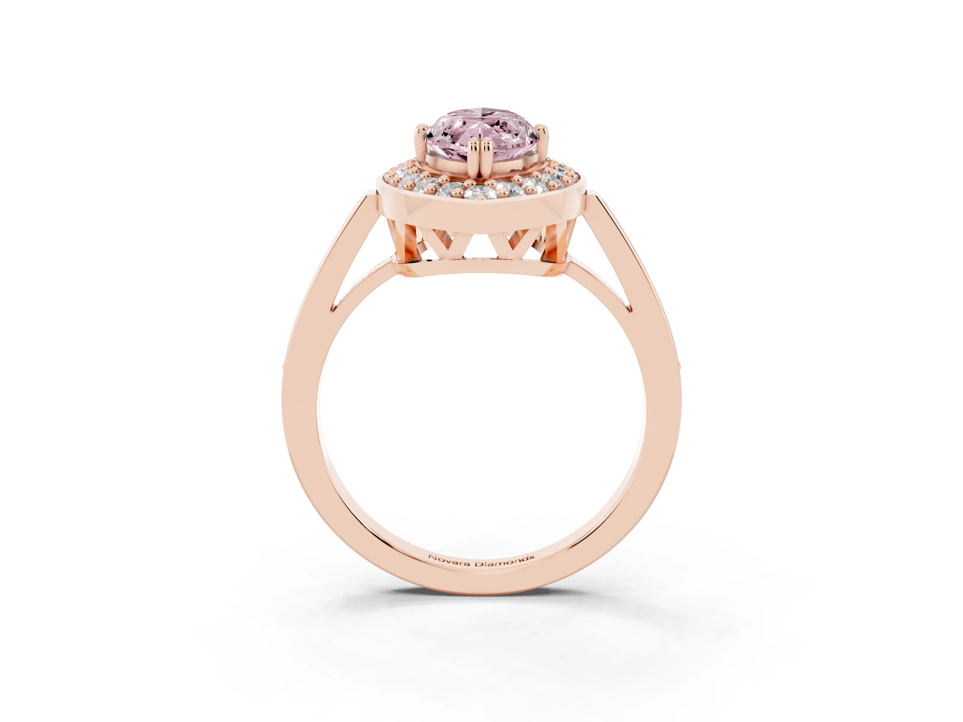 Fancy Pink Marquise Cut Diamond Halo Ring Set in Rose gold with Accent-Lined Split Shank and Prong Setting