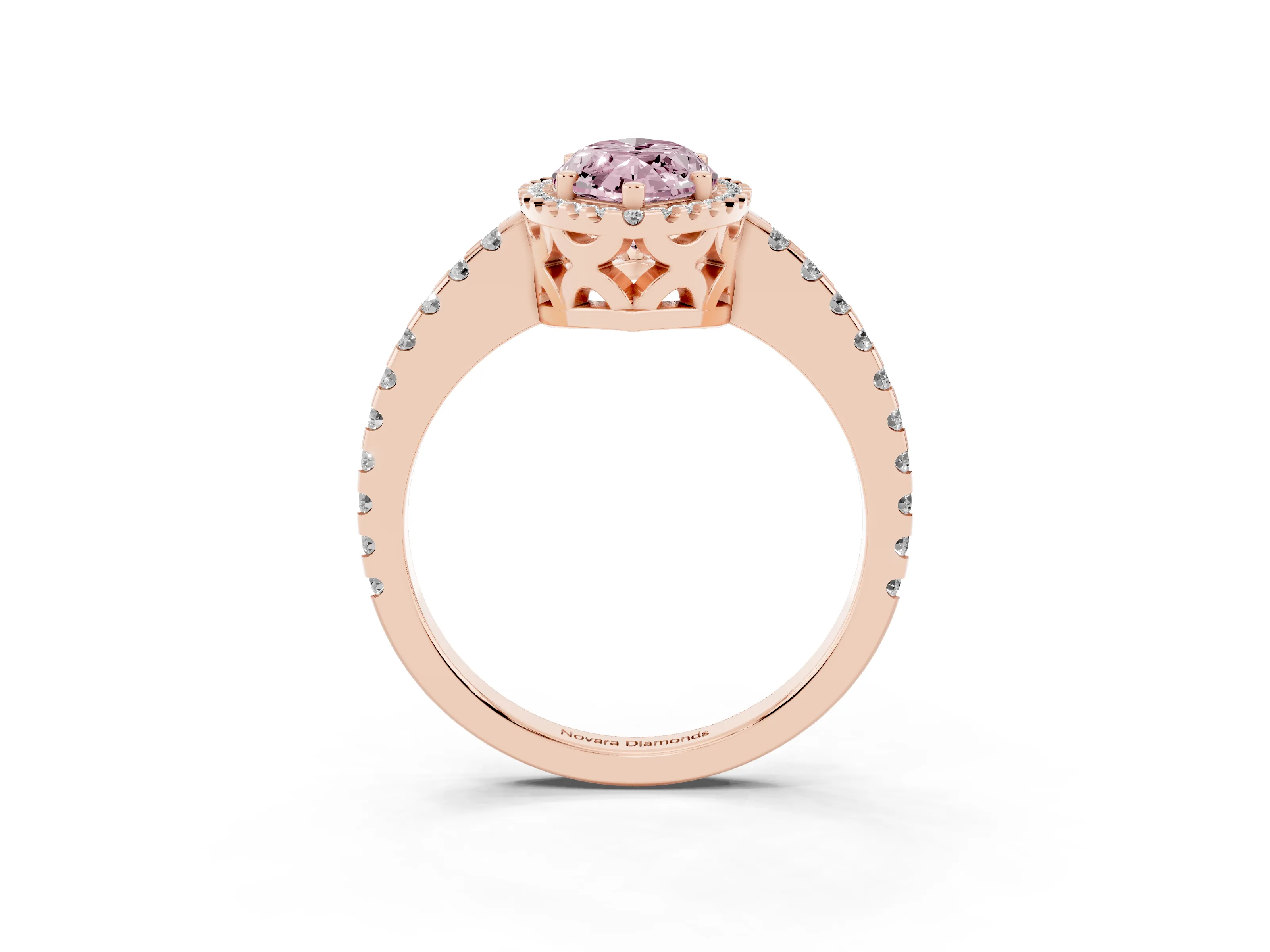 Fancy Pink Marquise Cut Diamond Halo Ring Set in Rose gold with Pavé Shoulders and Halo-Framed Center