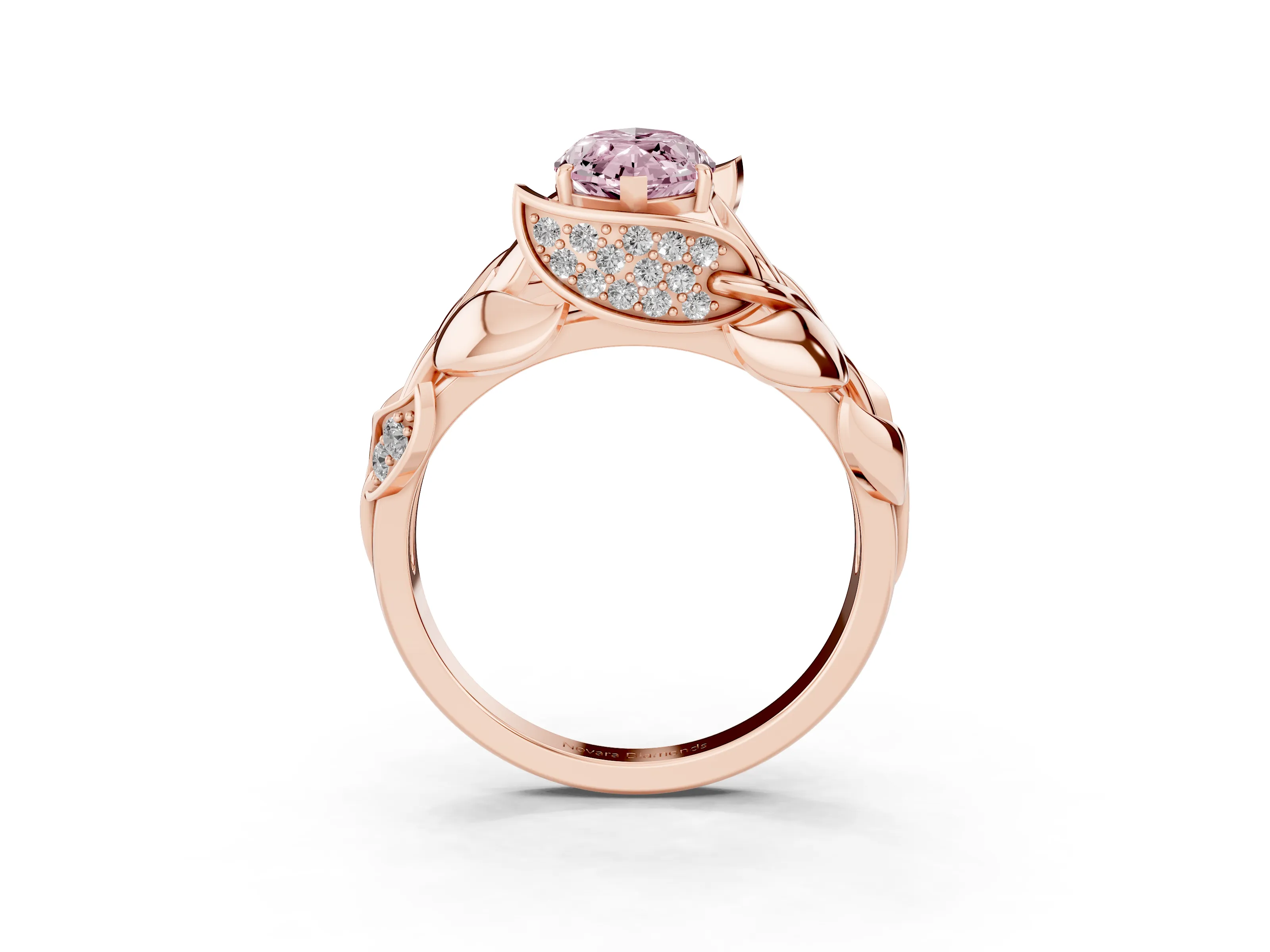 Fancy Pink Marquise Cut Diamond Leaf-Inspired Engagement Ring Set in Rose gold with Round Accents