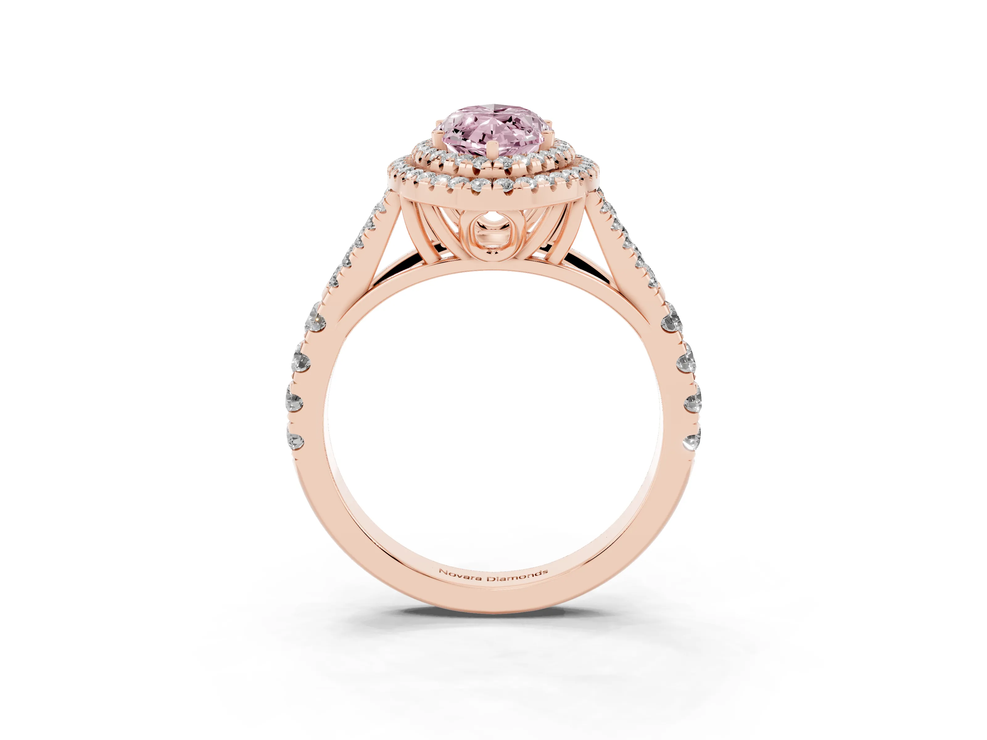 Fancy Pink Marquise Cut Diamond Pavé Split Shank Double Halo Engagement Ring Set in Rose gold