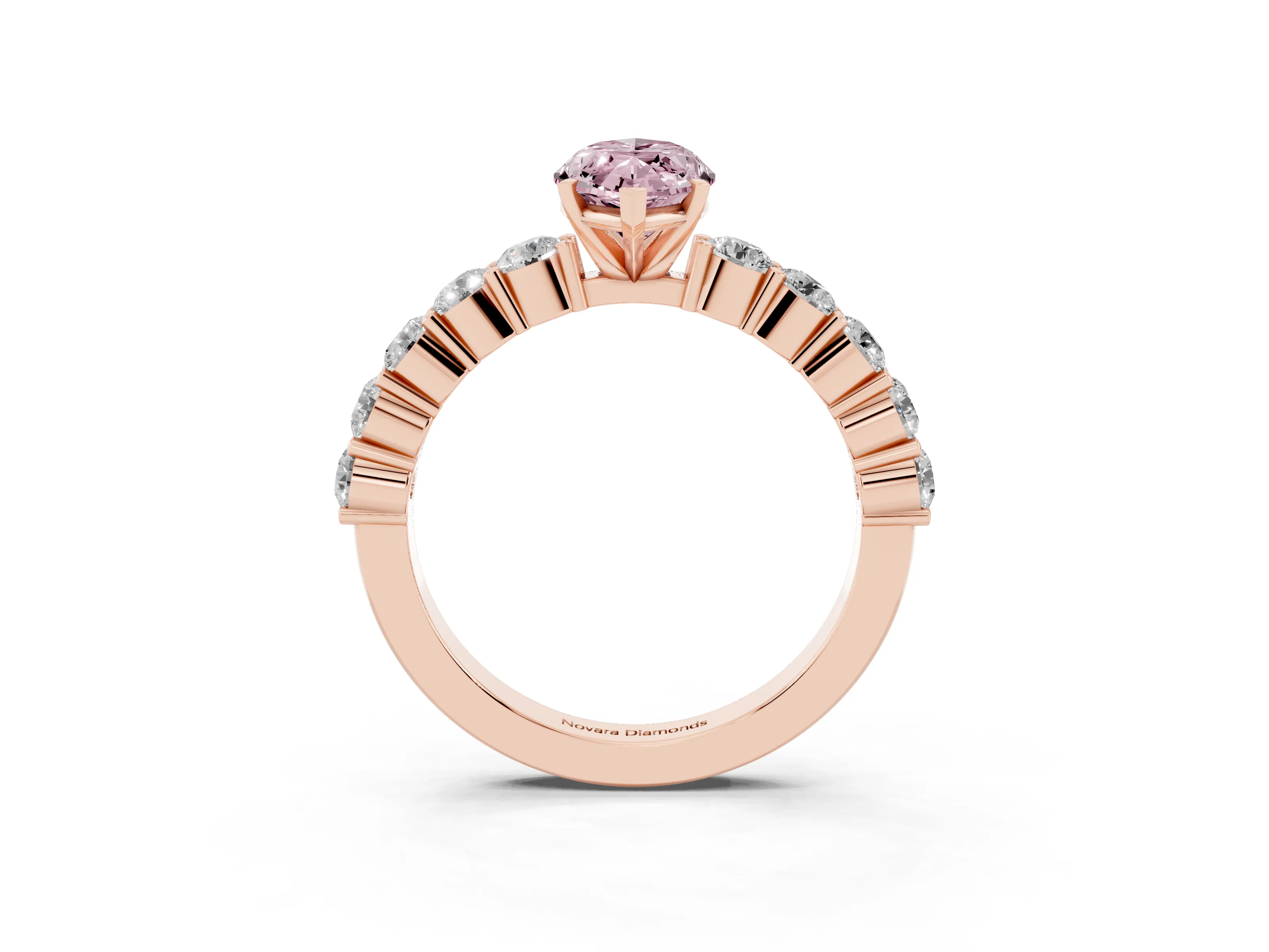 Fancy Pink Marquise Cut Diamond Solitaire Ring Set in Rose gold with Shared Prong Round Side Stones