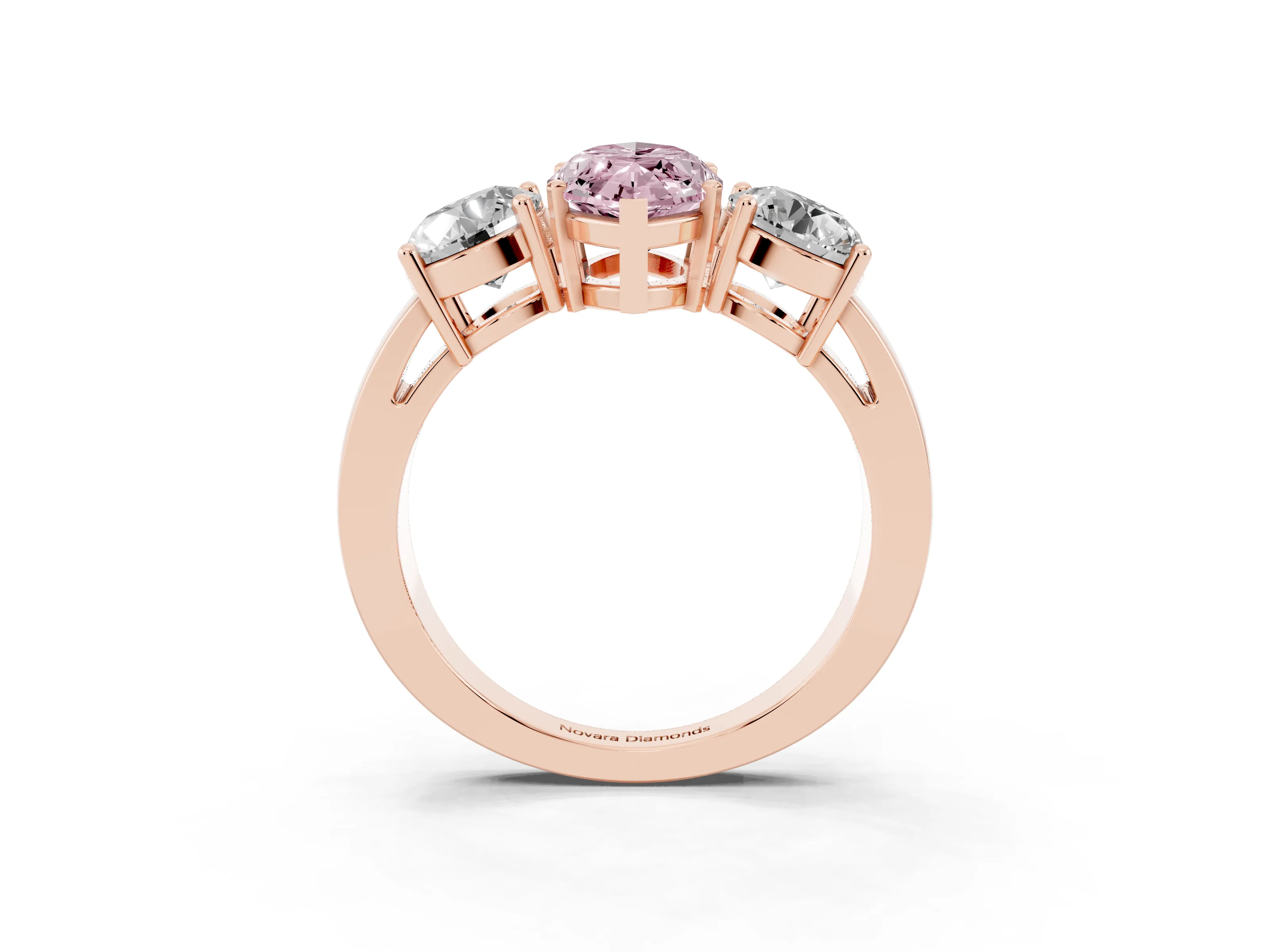 Fancy Pink Marquise Cut Diamond Three-Stone Ring Set in Rose gold with Round Side Stones and Classic Band