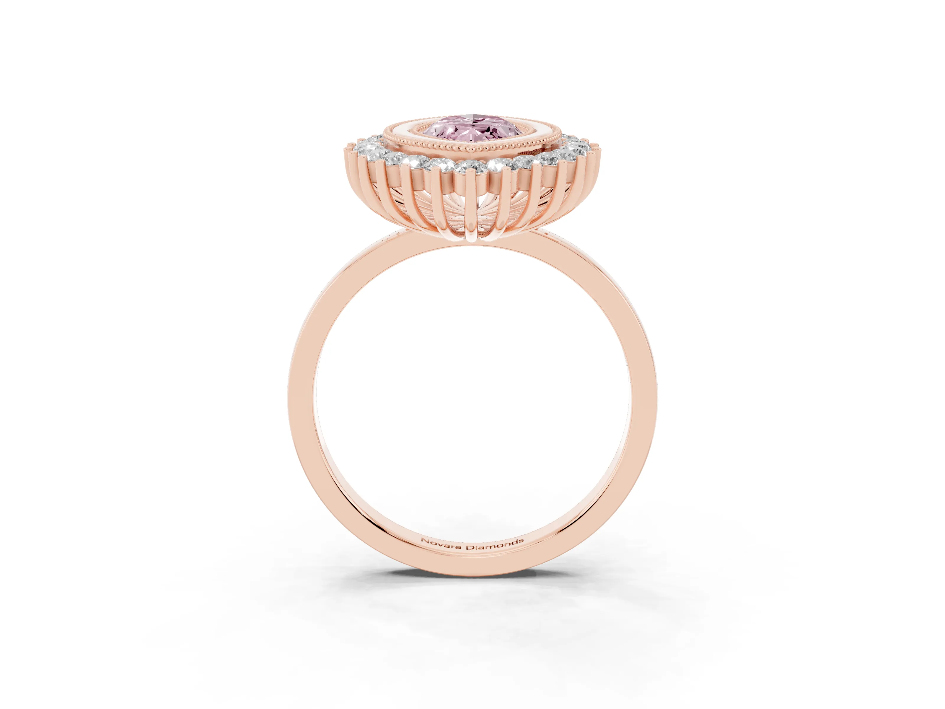 Fancy Pink Marquise Cut Diamond Halo Ring Set in Rose gold with Milgrain Edge and Round Prong Setting